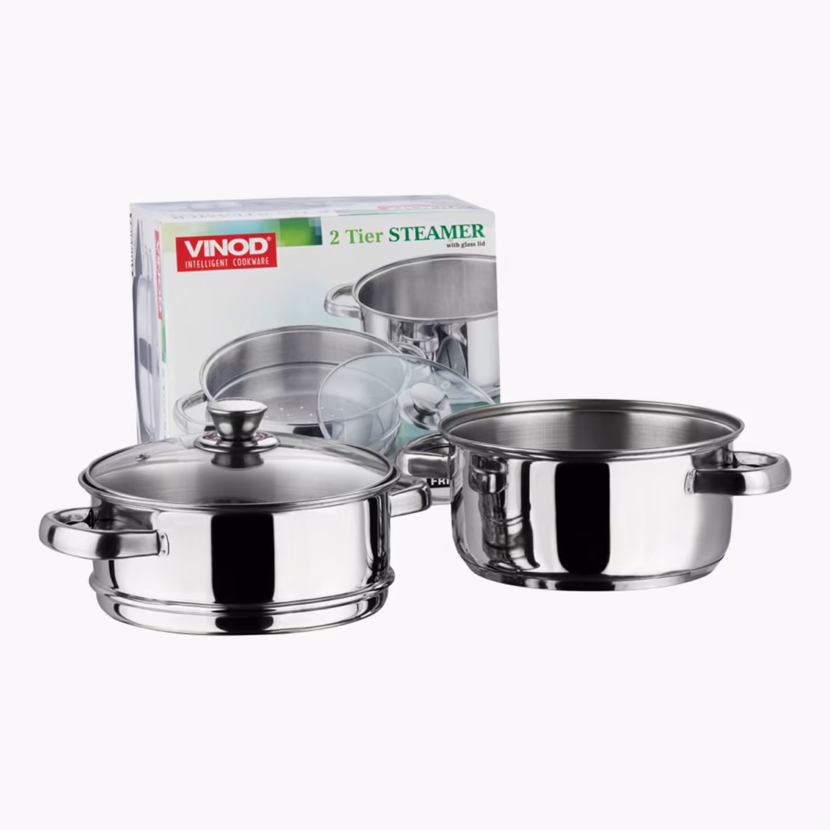 VINOD Stainless Steel 2 Tier Steamer with Glass Lid - 18cm in Silver