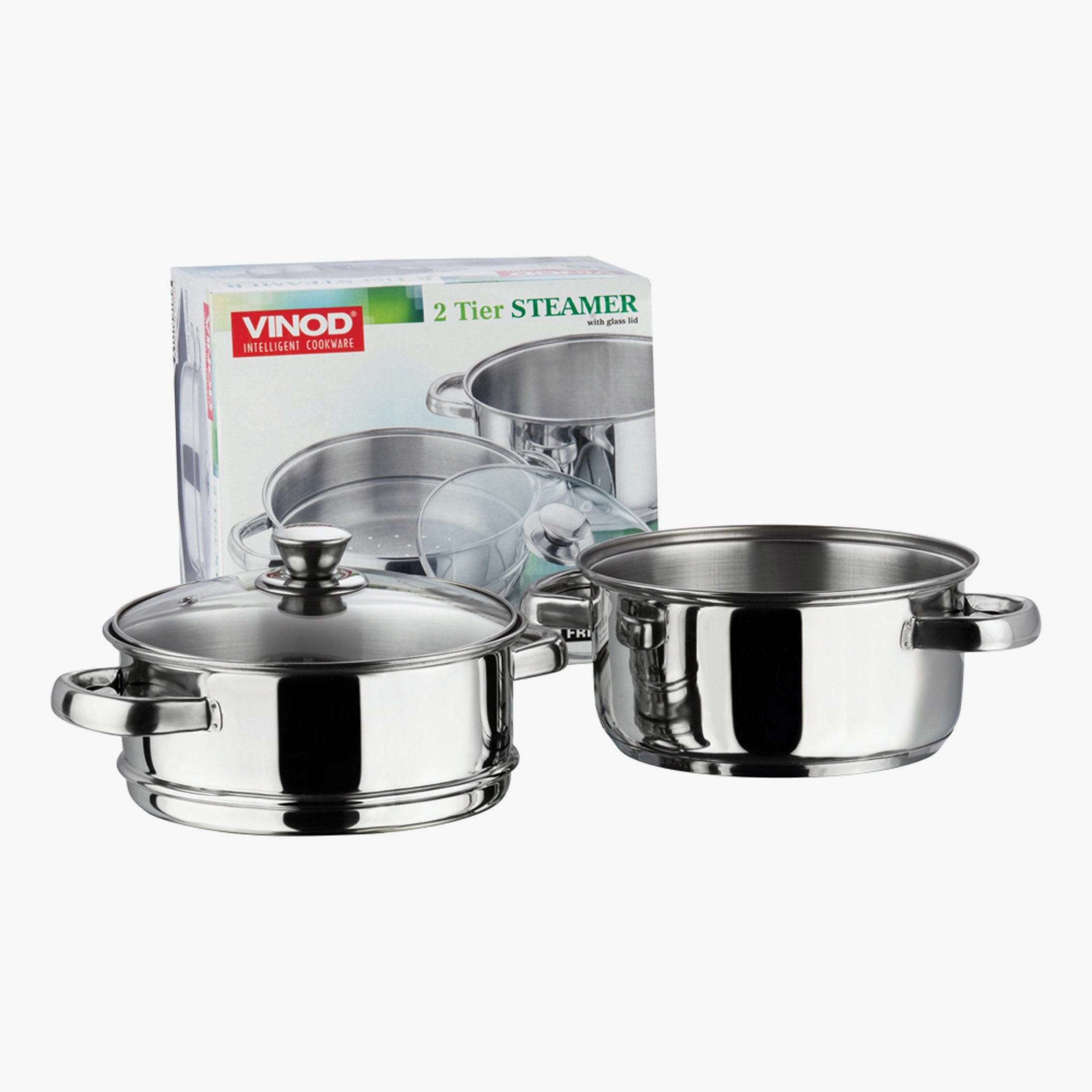 VINOD Stainless Steel 2 Tier Steamer with Glass Lid - 18cm in Silver