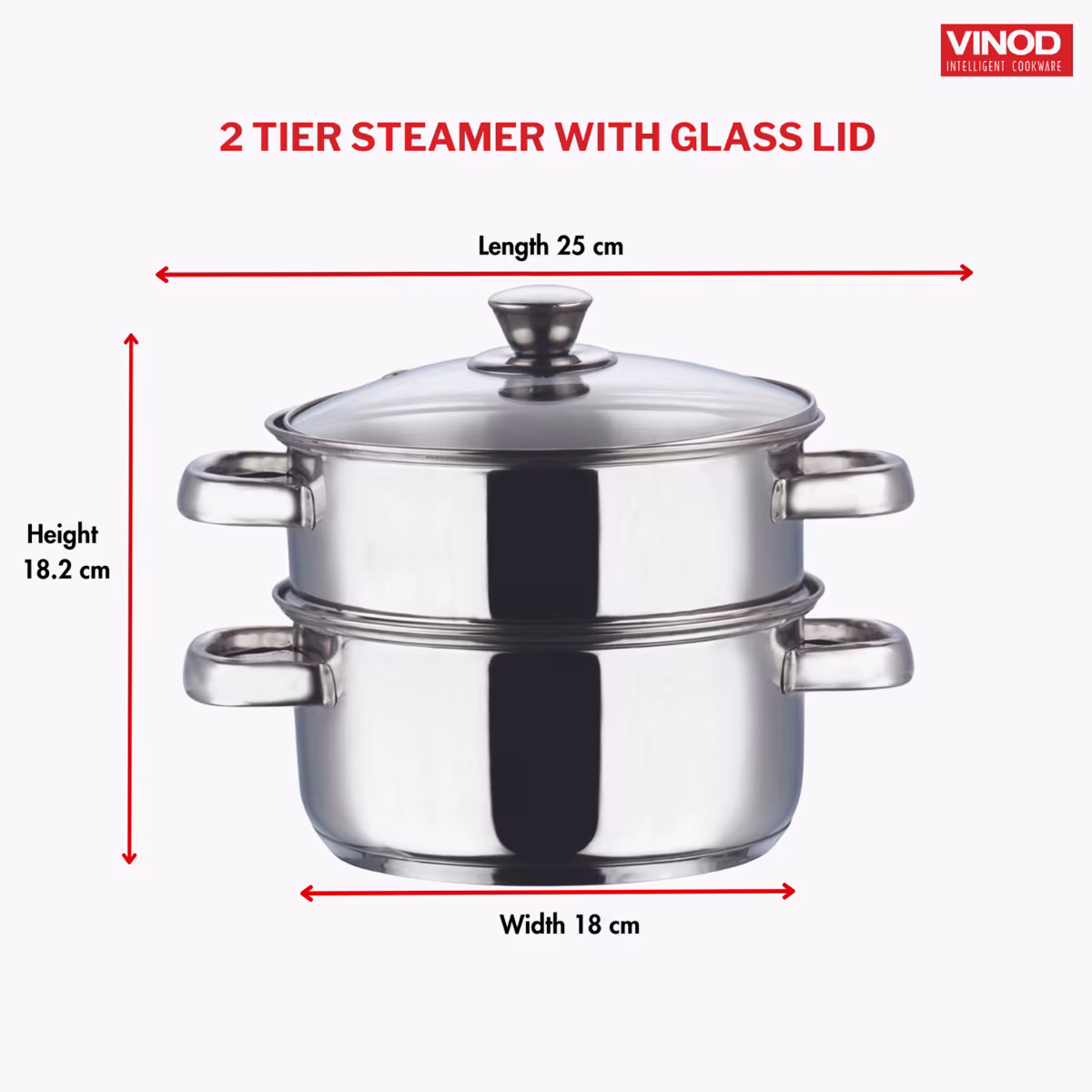 VINOD Stainless Steel 2 Tier Steamer with Glass Lid - 18cm in Silver