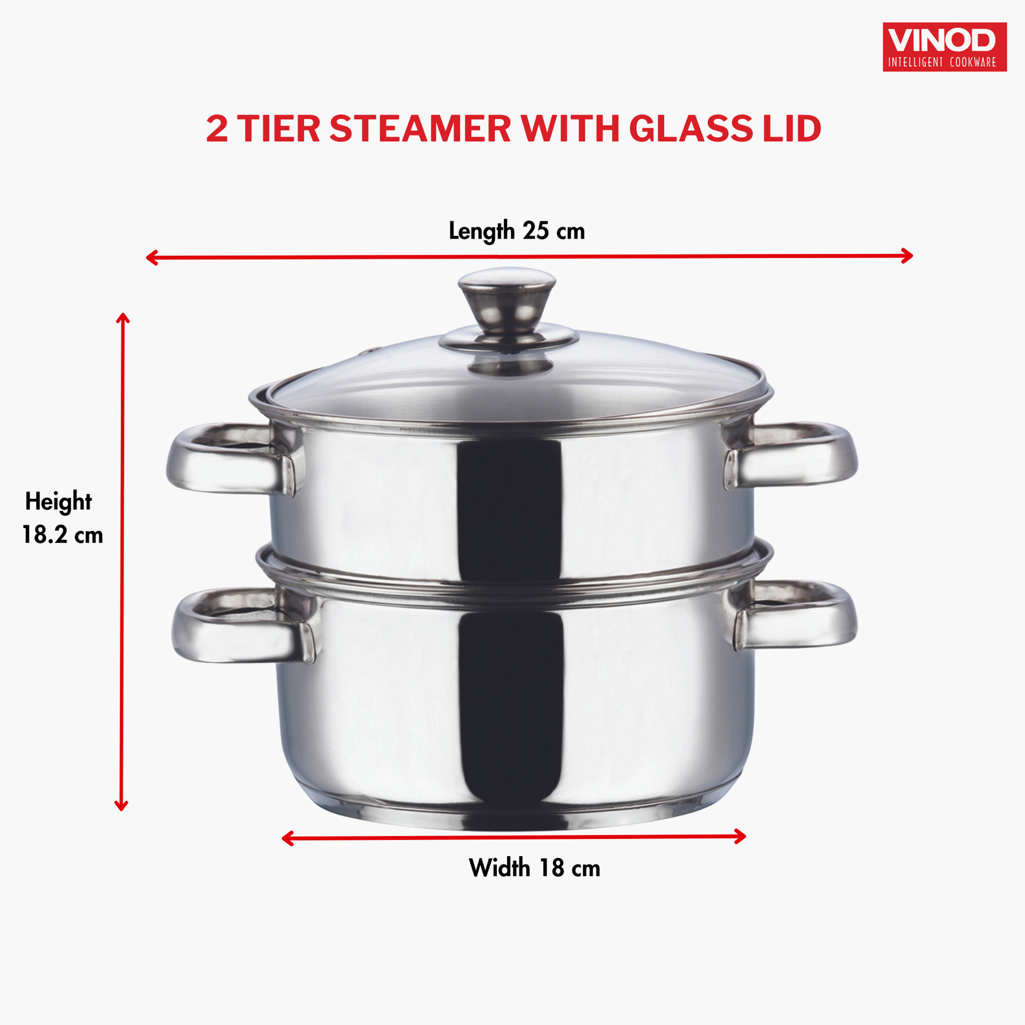 VINOD Stainless Steel 2 Tier Steamer with Glass Lid - 18cm in Silver