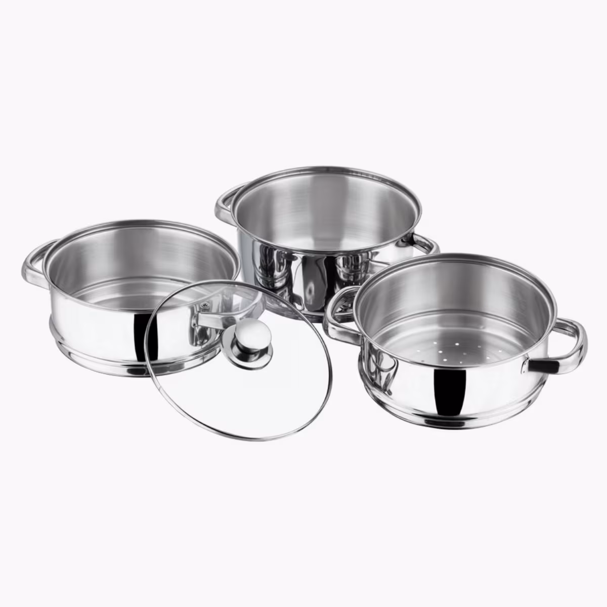 VINOD Stainless Steel 3 Tier Steamer with Glass Lid - 18cm in Silver