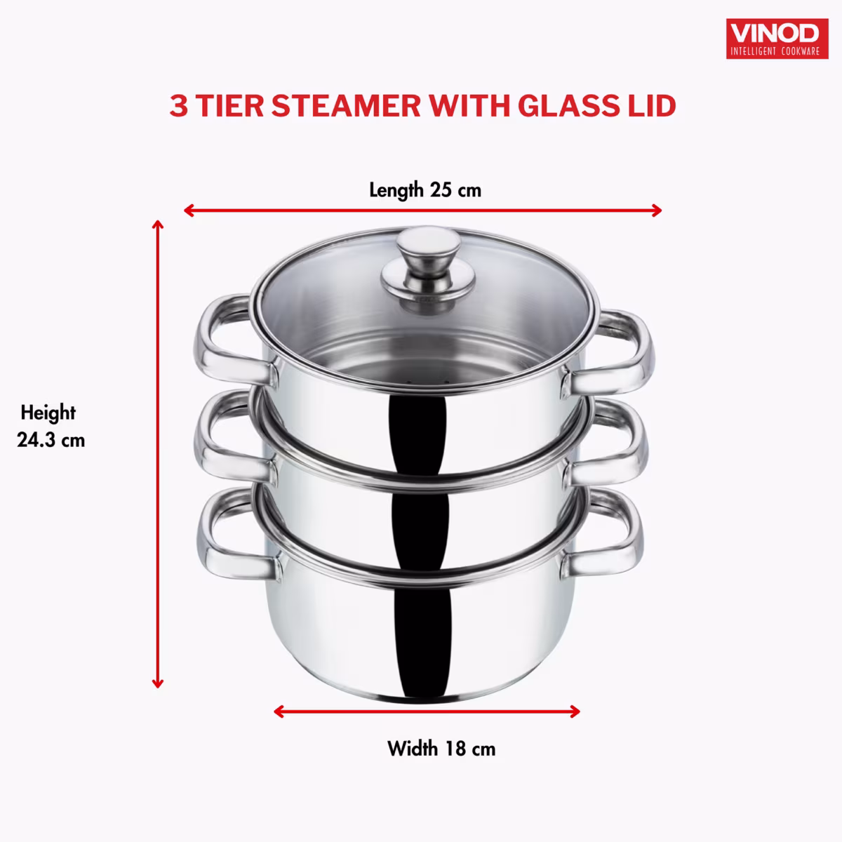 VINOD Stainless Steel 3 Tier Steamer with Glass Lid - 18cm in Silver