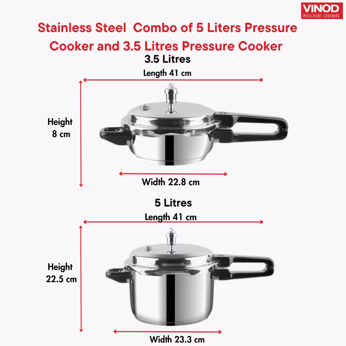 VINOD Set of 2 18/8 Stainless Steel Pressure Cooker 5L and Junior Pan Cooker 3.5L with Common Lid in Silver