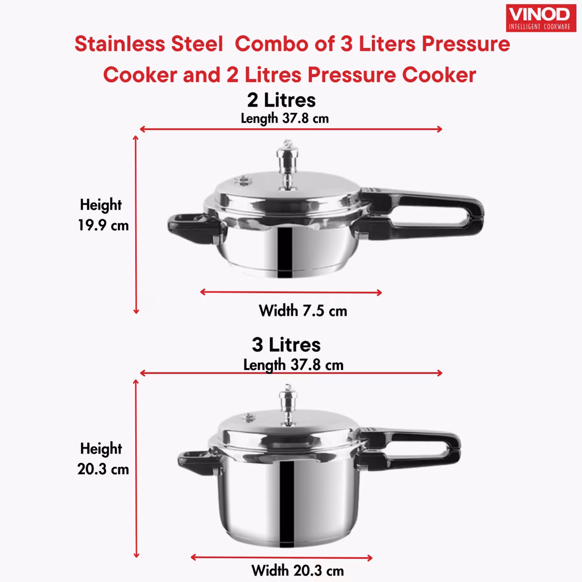 VINOD Set of 2 18/8 Stainless Steel Pressure Cooker 3L and Mini Pan Cooker 2L with Common Lid in Silver