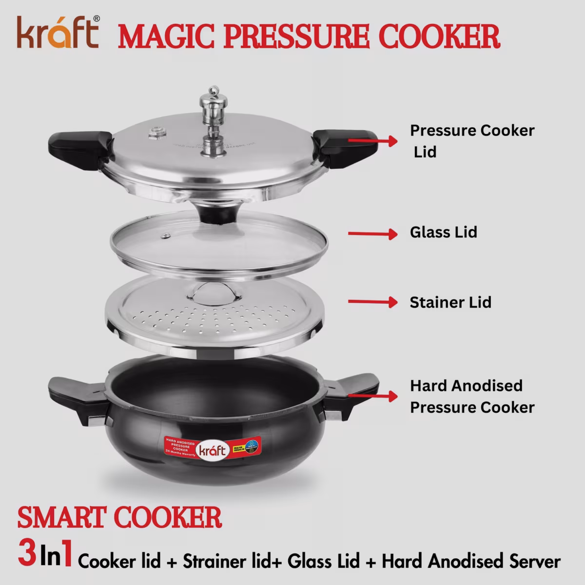 VINOD Magic Aluminium Hard Anodized Pressure Cooker with 3 Lids - 3.5L in Black