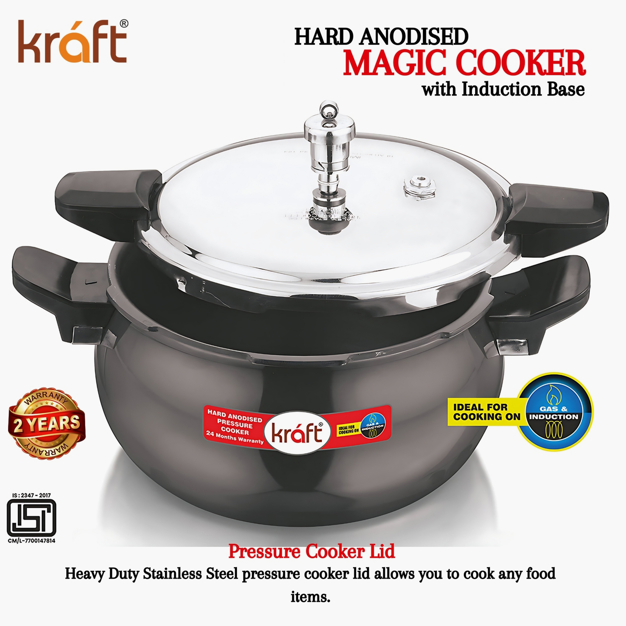 VINOD Magic Aluminium Hard Anodized Pressure Cooker with 3 Lids - 3.5L in Black