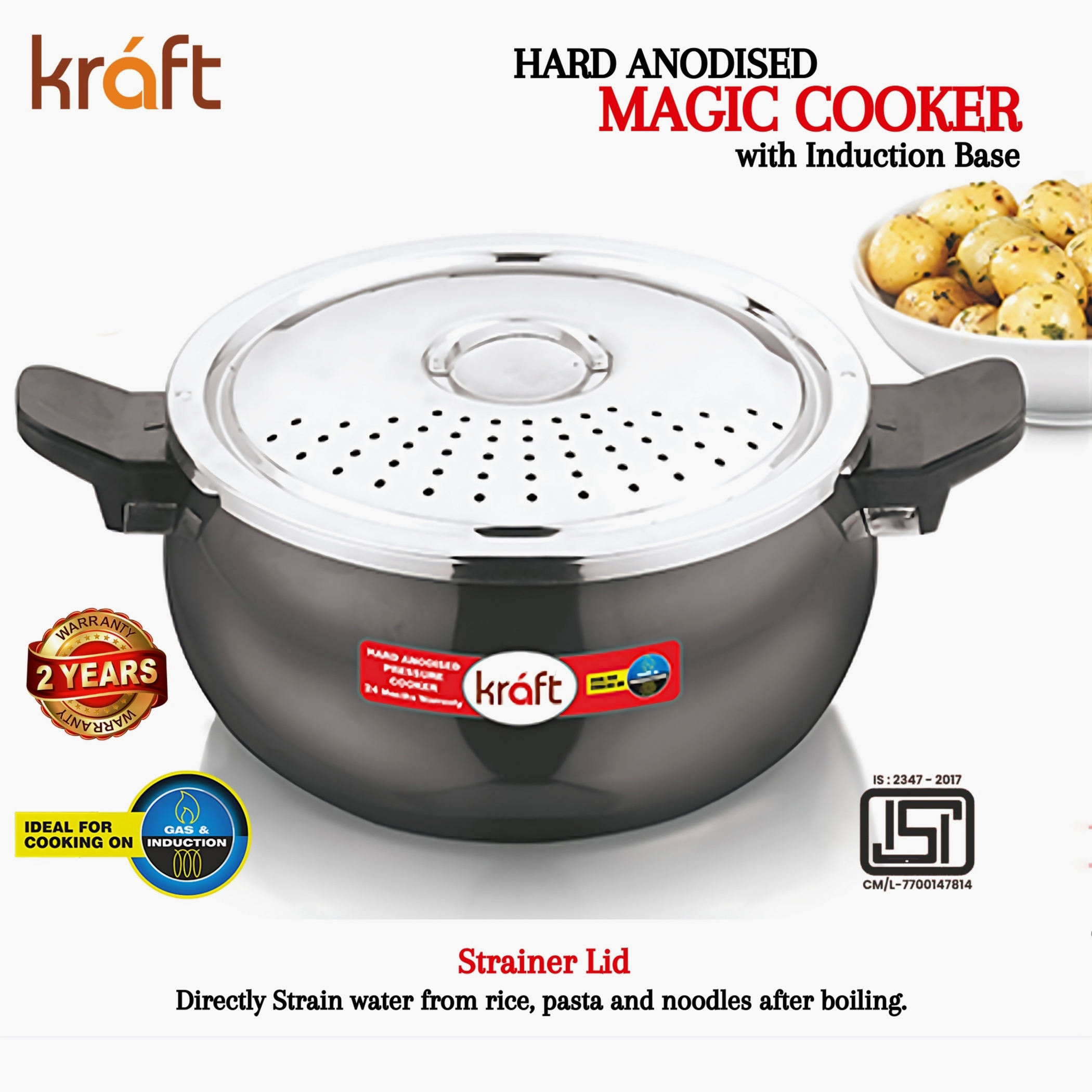 VINOD Magic Aluminium Hard Anodized Pressure Cooker with 3 Lids - 3.5L in Black