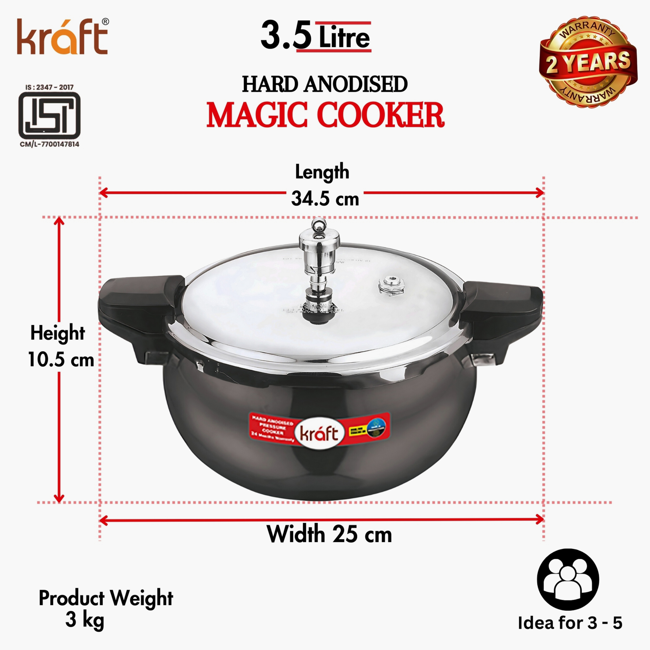 VINOD Magic Aluminium Hard Anodized Pressure Cooker with 3 Lids - 3.5L in Black