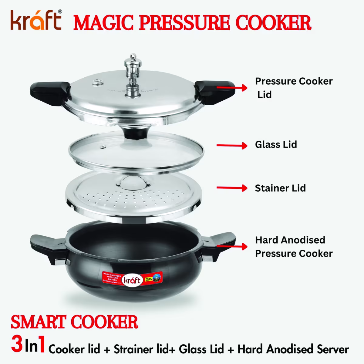 VINOD Magic Aluminium Hard Anodized Pressure Cooker with 3 Lids - 5.5L in Black