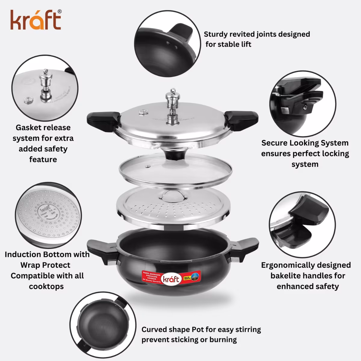 VINOD Magic Aluminium Hard Anodized Pressure Cooker with 3 Lids - 5.5L in Black