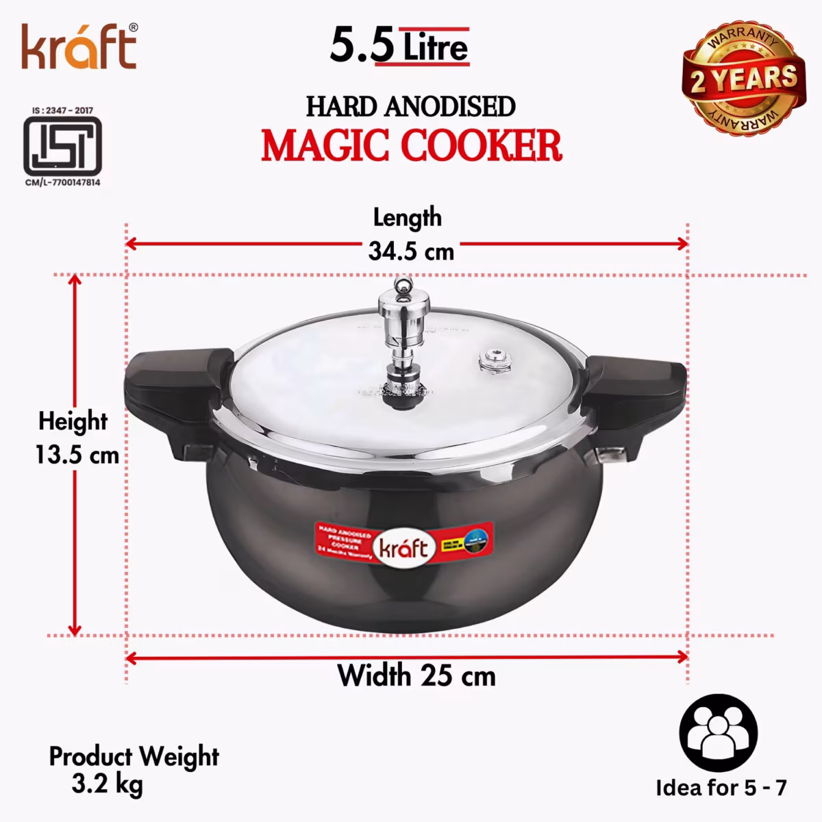 VINOD Magic Aluminium Hard Anodized Pressure Cooker with 3 Lids - 5.5L in Black