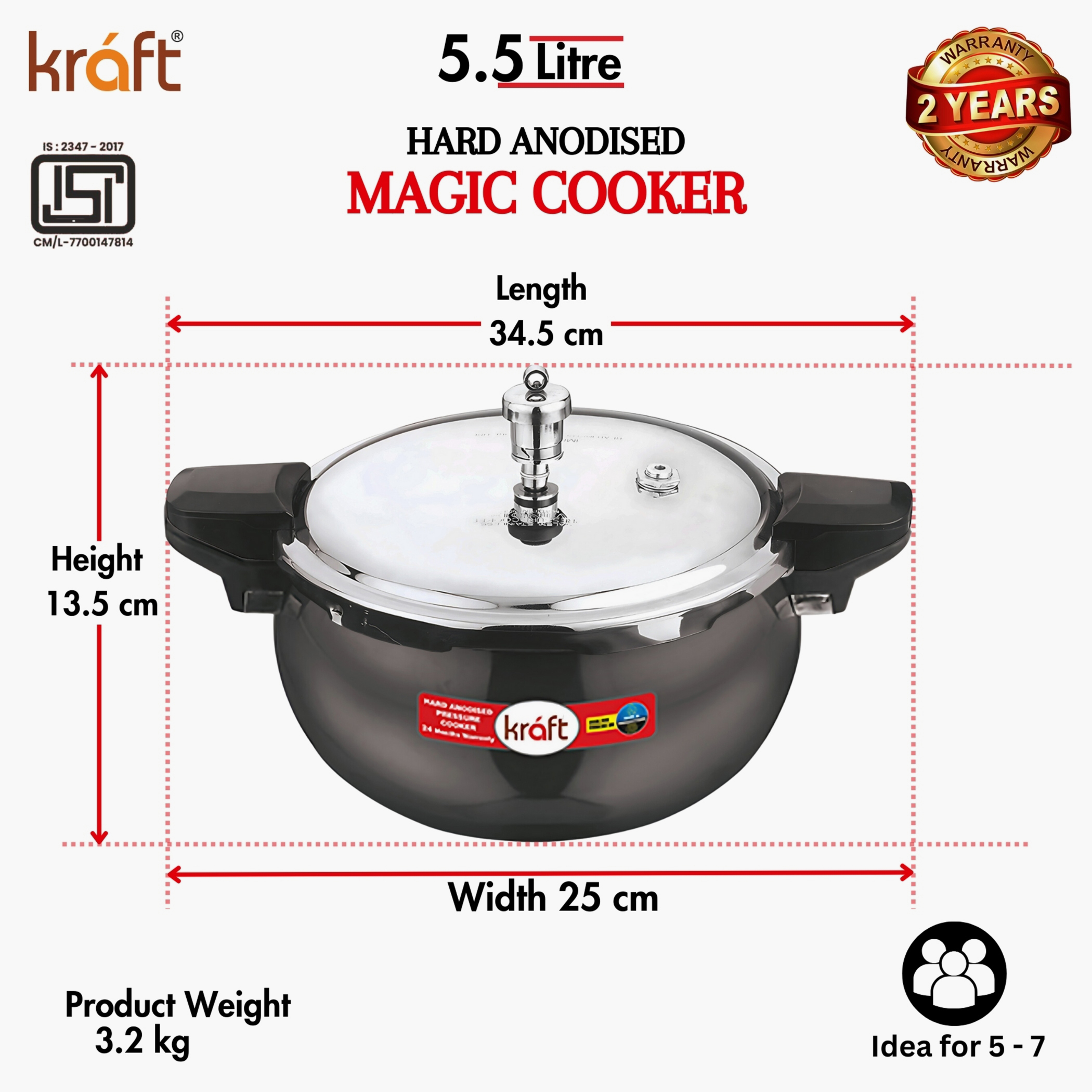 VINOD Magic Aluminium Hard Anodized Pressure Cooker with 3 Lids - 5.5L in Black