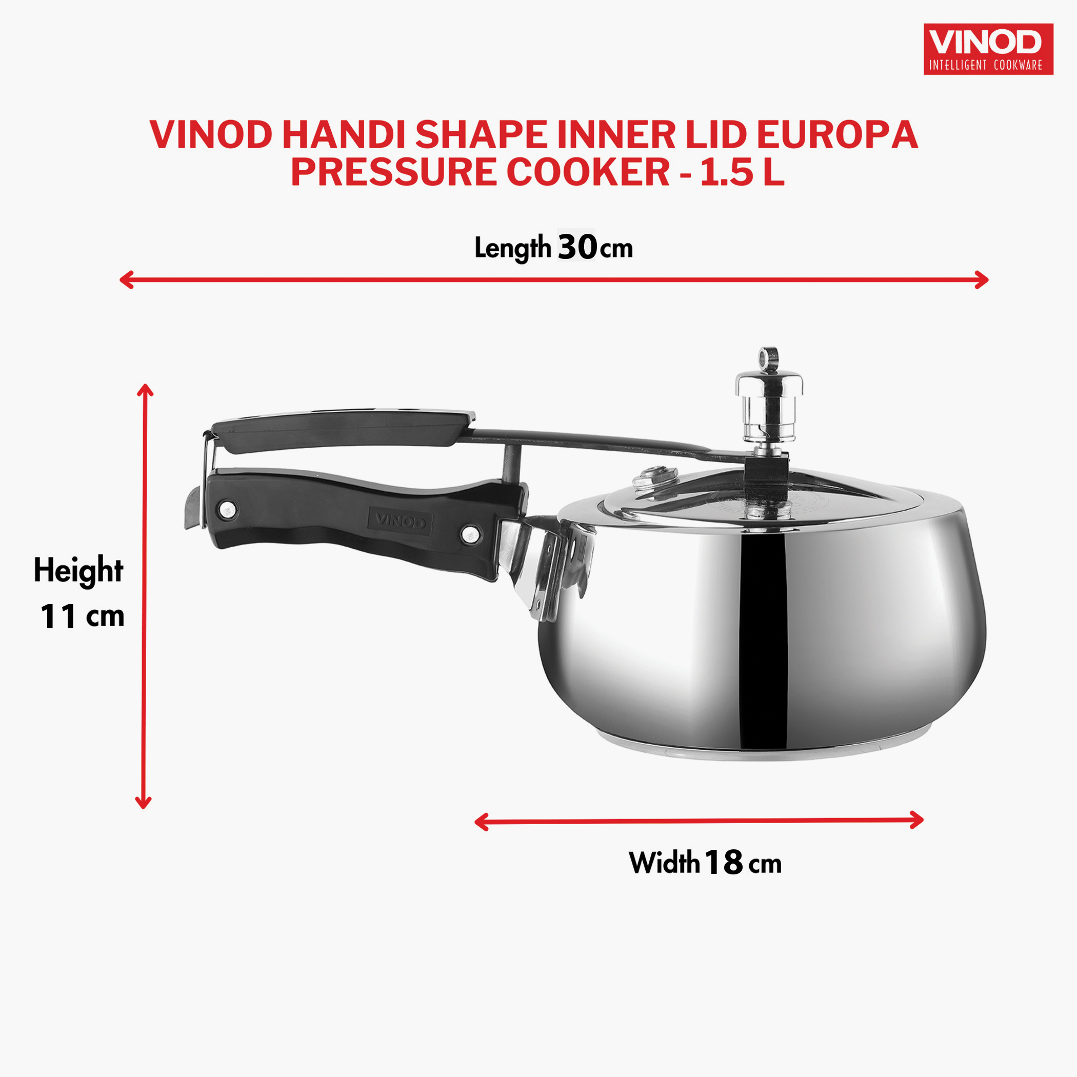 VINOD Europa 18/8 Stainless Steel Inner Lid Pressure Cooker - 1.5L in Silver