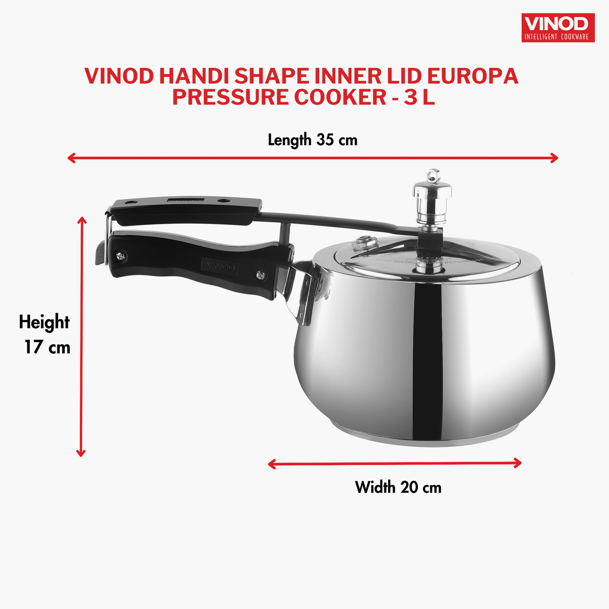 VINOD Europa 18/8 Stainless Steel Inner Lid Pressure Cooker - 3L in Silver