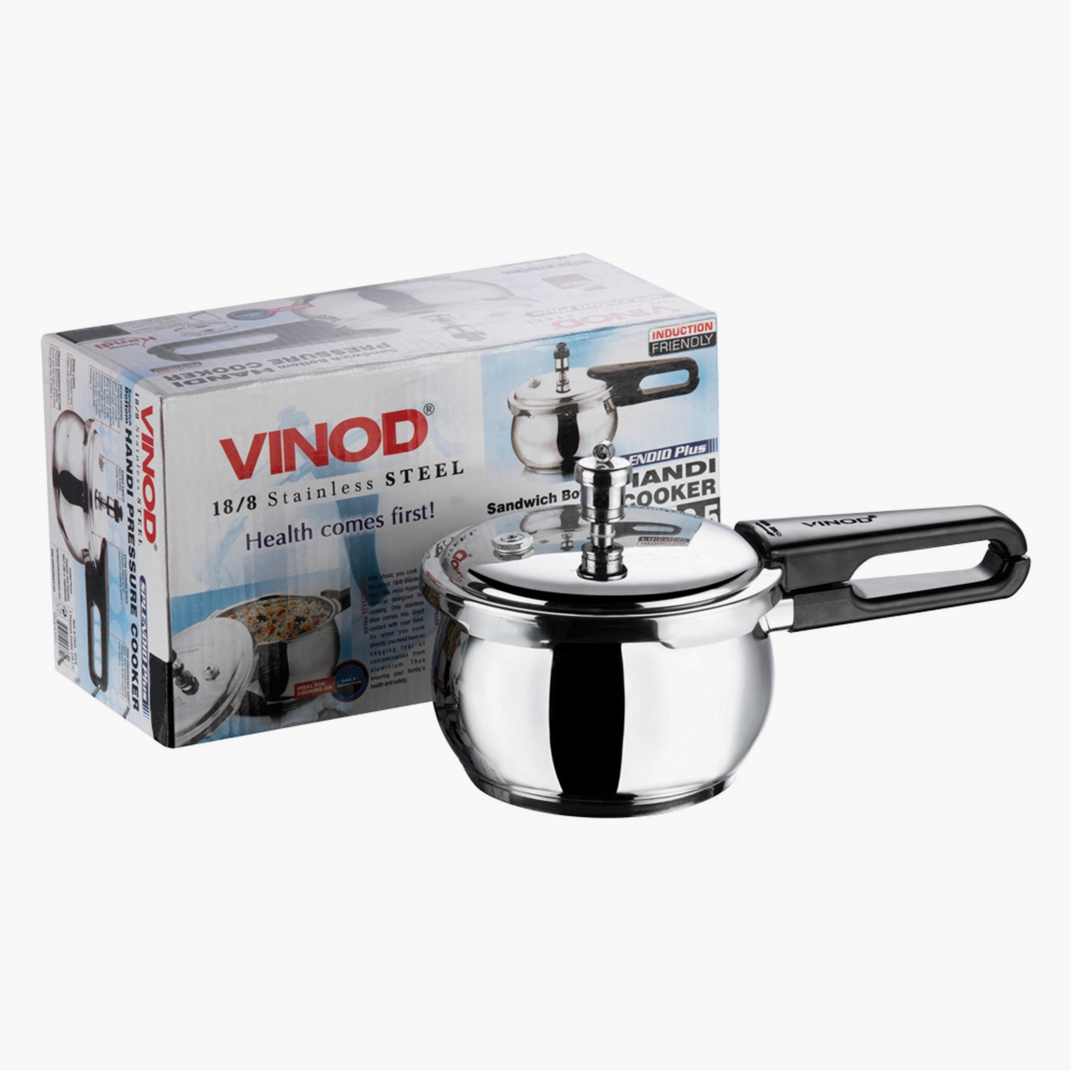VINOD Splendid Plus 18/8 Stainless Steel Handi Pressure Cooker with Extra Glass Lid - 1.5L in Silver