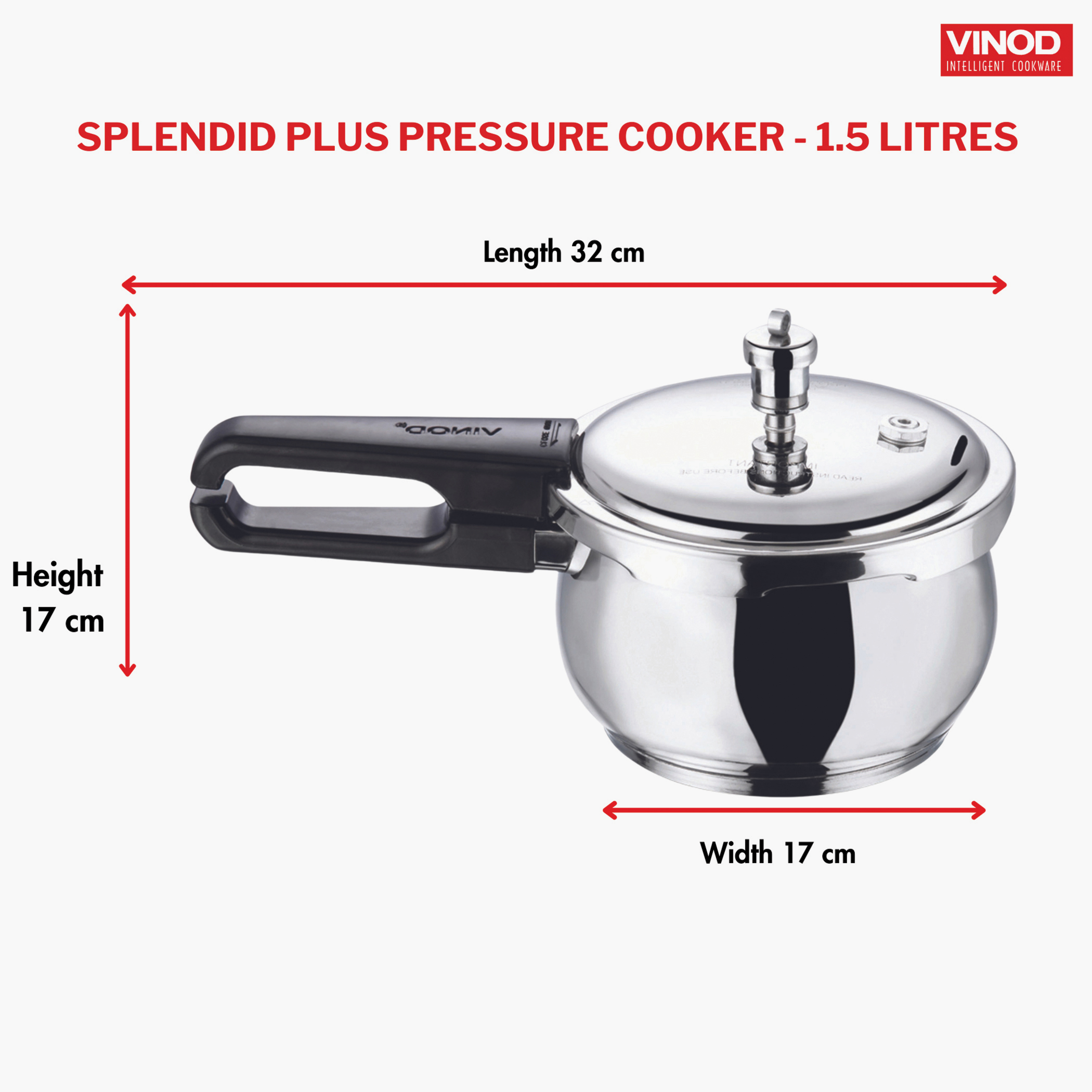 VINOD Splendid Plus 18/8 Stainless Steel Handi Pressure Cooker with Extra Glass Lid - 1.5L in Silver
