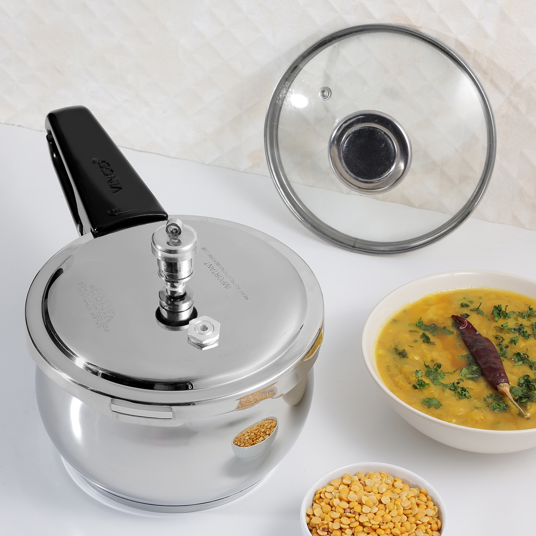 VINOD Splendid Plus 18/8 Stainless Steel Handi Pressure Cooker with Extra Glass Lid - 2.5L in Silver
