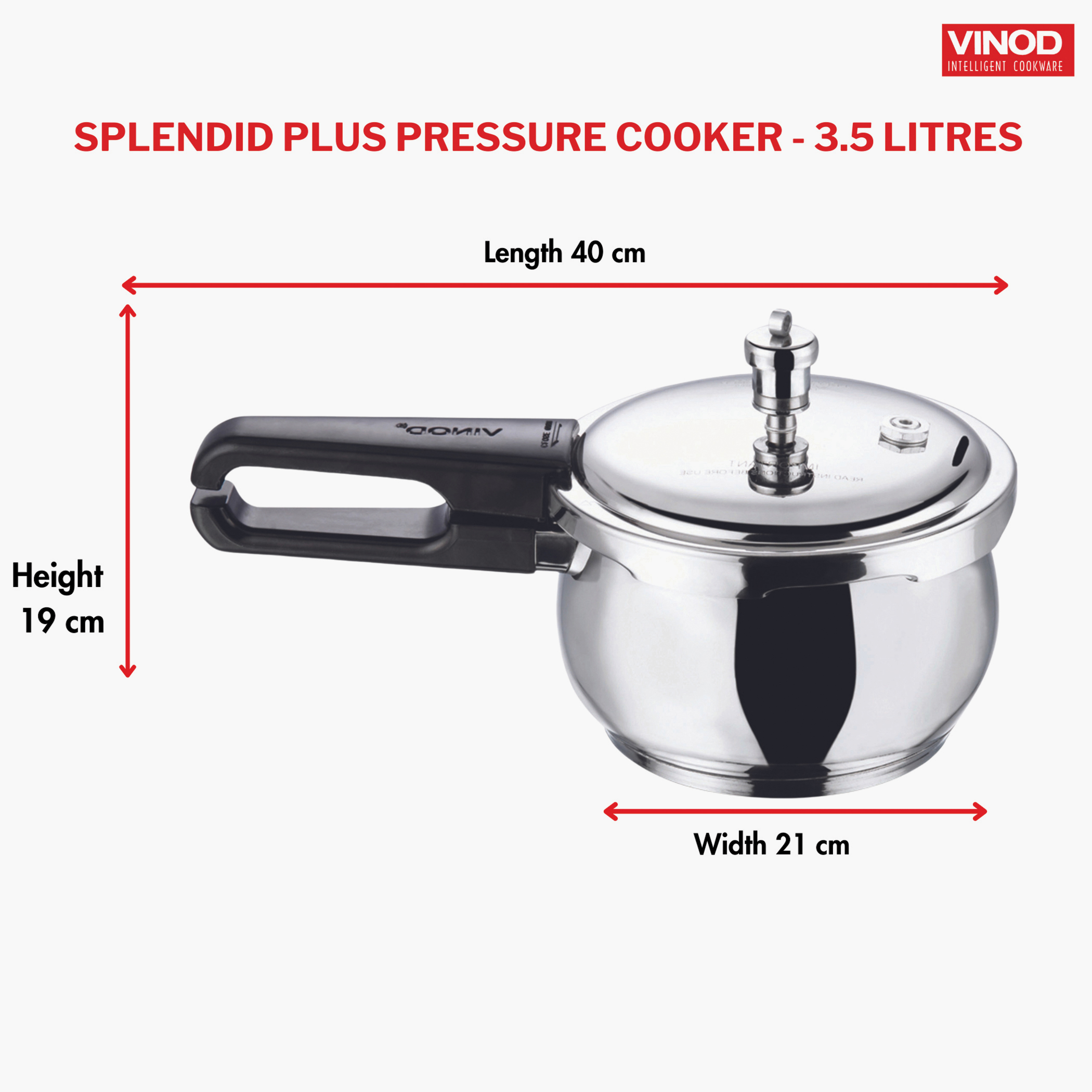 VINOD Splendid Plus 18/8 Stainless Steel Handi Pressure Cooker with Extra Glass Lid - 3.5L in Silver