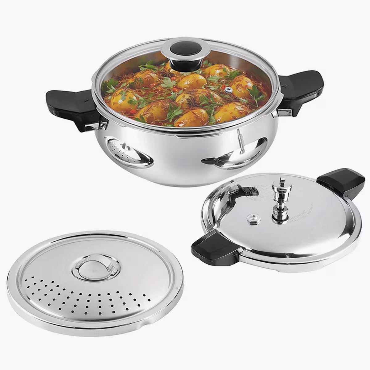 VINOD Magic 18/8 Stainless Steel Pressure Cooker with 3 Lids - 3.5L in Silver