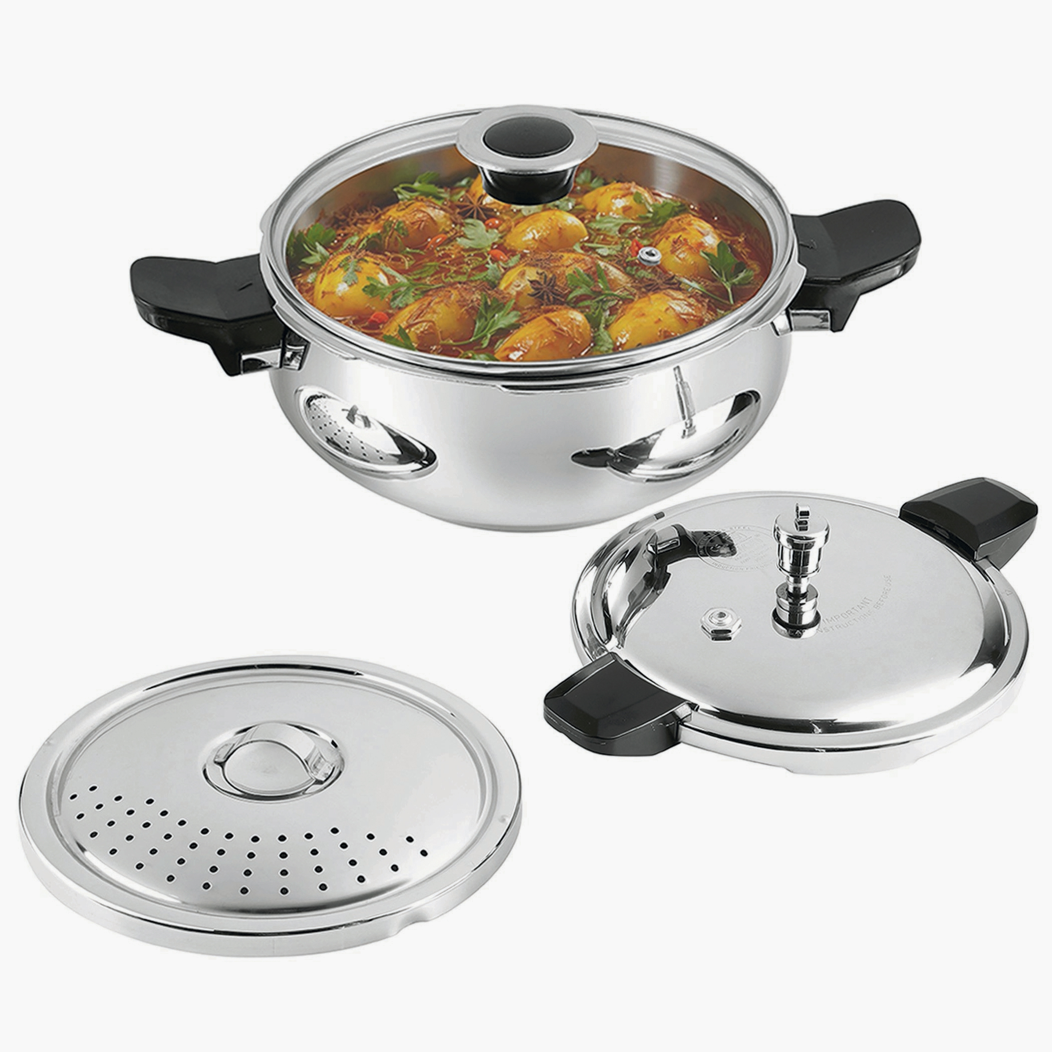VINOD Magic 18/8 Stainless Steel Pressure Cooker with 3 Lids - 3.5L in Silver