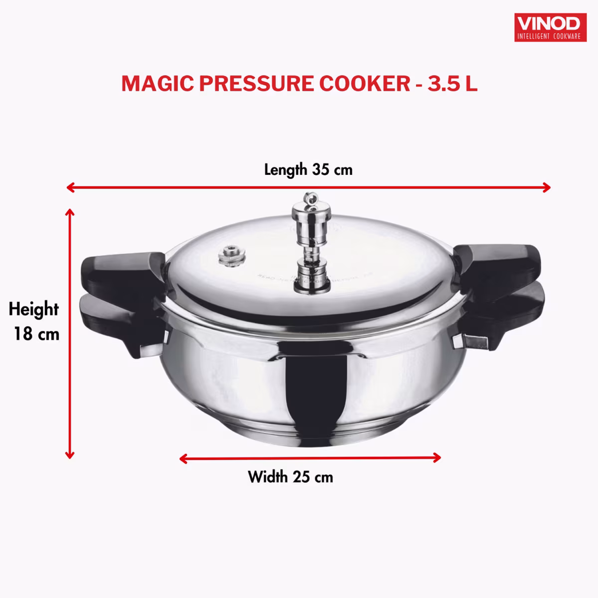 VINOD Magic 18/8 Stainless Steel Pressure Cooker with 3 Lids - 3.5L in Silver