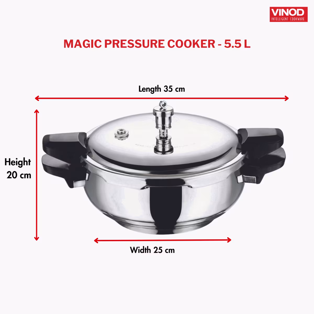 VINOD Magic 18/8 Stainless Steel Pressure Cooker with 3 Lids - 5.5L in Silver