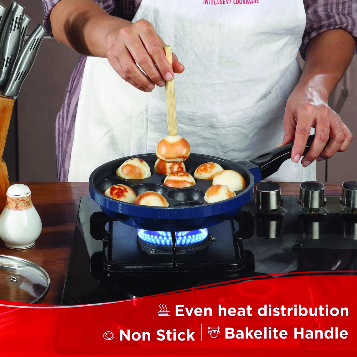 VINOD Zest Aluminium Non-Stick 12 Pits Paniyarakkal with Glass Lid - 20.5cm in Blue