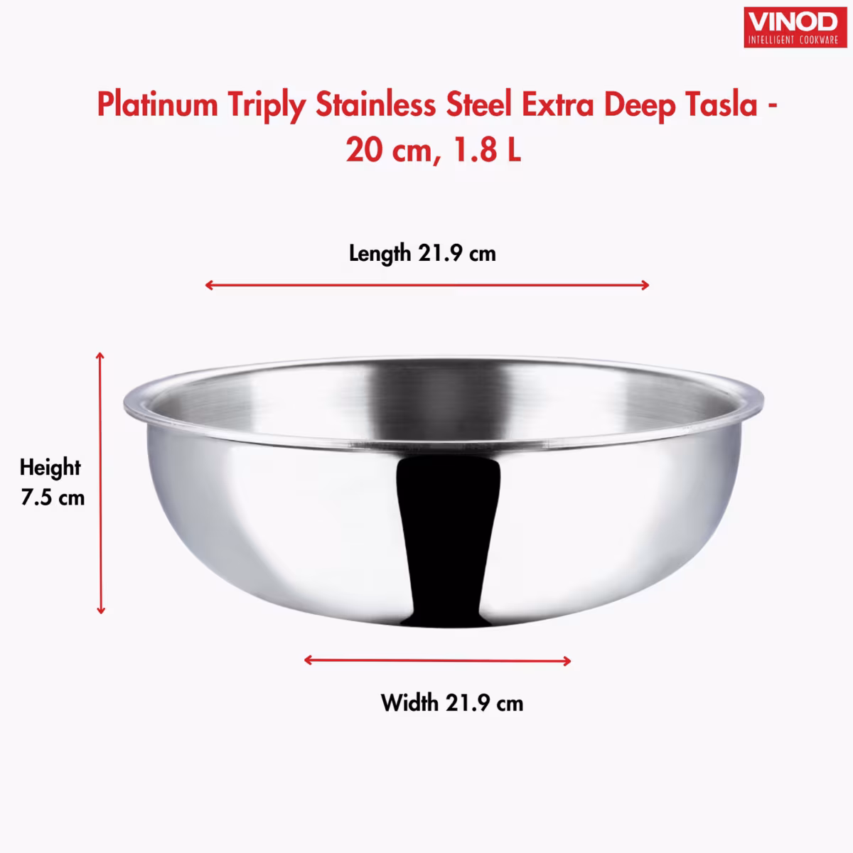VINOD Platinum Triply Stainless Steel Deep Tasla - 20cm, 1.5L in Silver
