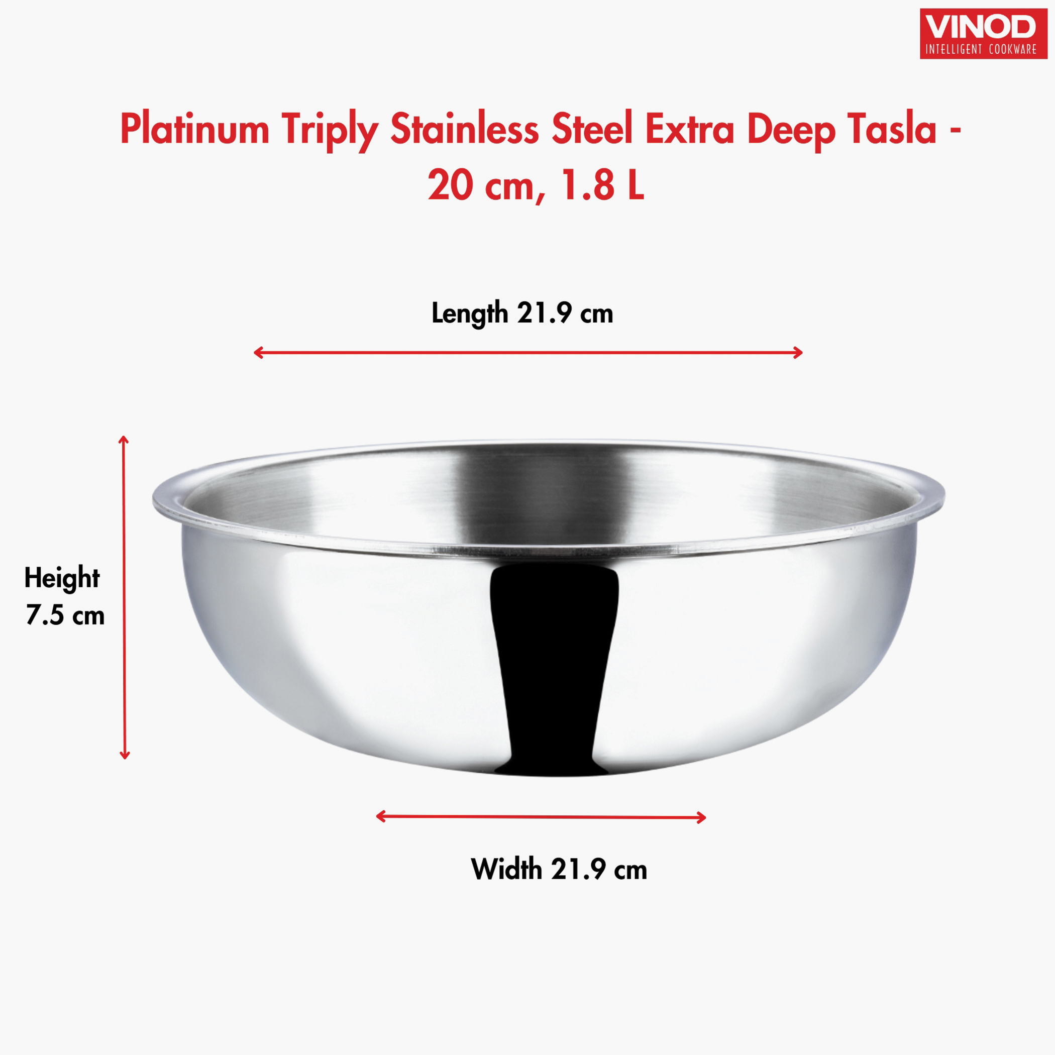 VINOD Platinum Triply Stainless Steel Deep Tasla - 20cm, 1.5L in Silver