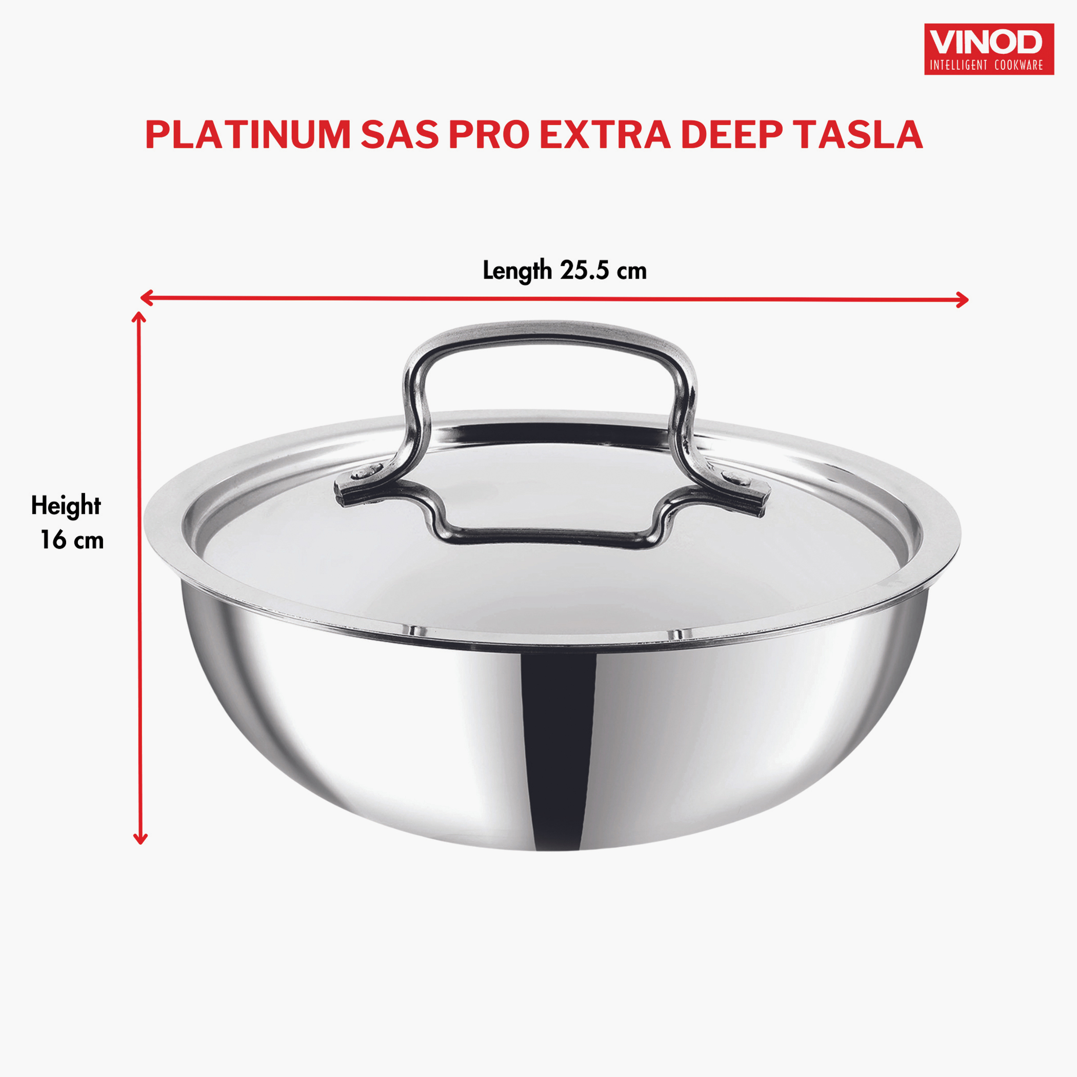 VINOD Platinum Triply Stainless Steel Deep Tasla - 24cm, 3.3L in Silver