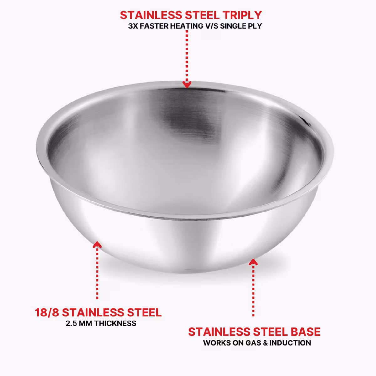 VINOD Platinum Triply Stainless Steel Deep Tasla - 26cm, 4.1L in Silver