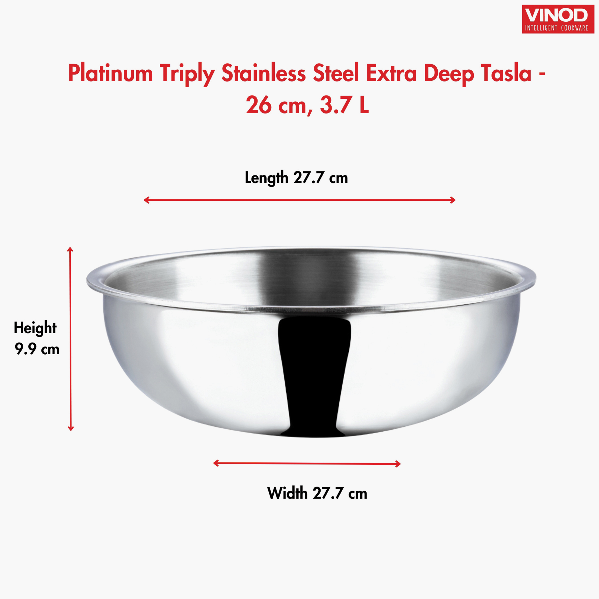 VINOD Platinum Triply Stainless Steel Deep Tasla - 26cm, 4.1L in Silver