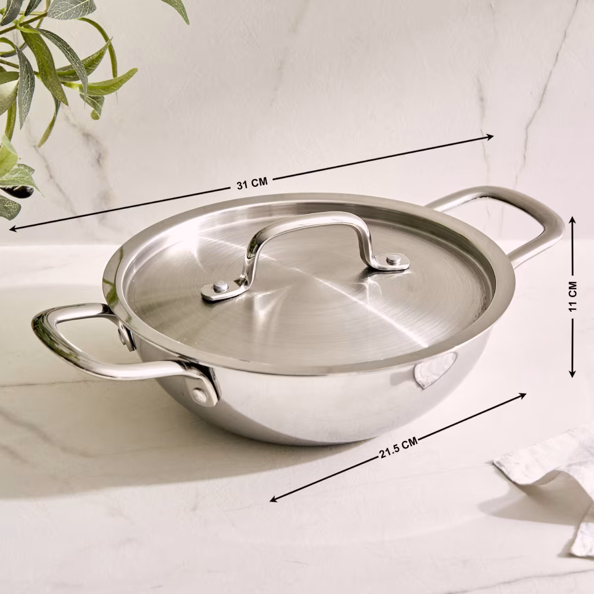 Valeria Carin Tri-Ply Stainless Steel Induction Compatible Kadhai with Lid - 1.6L in Silver