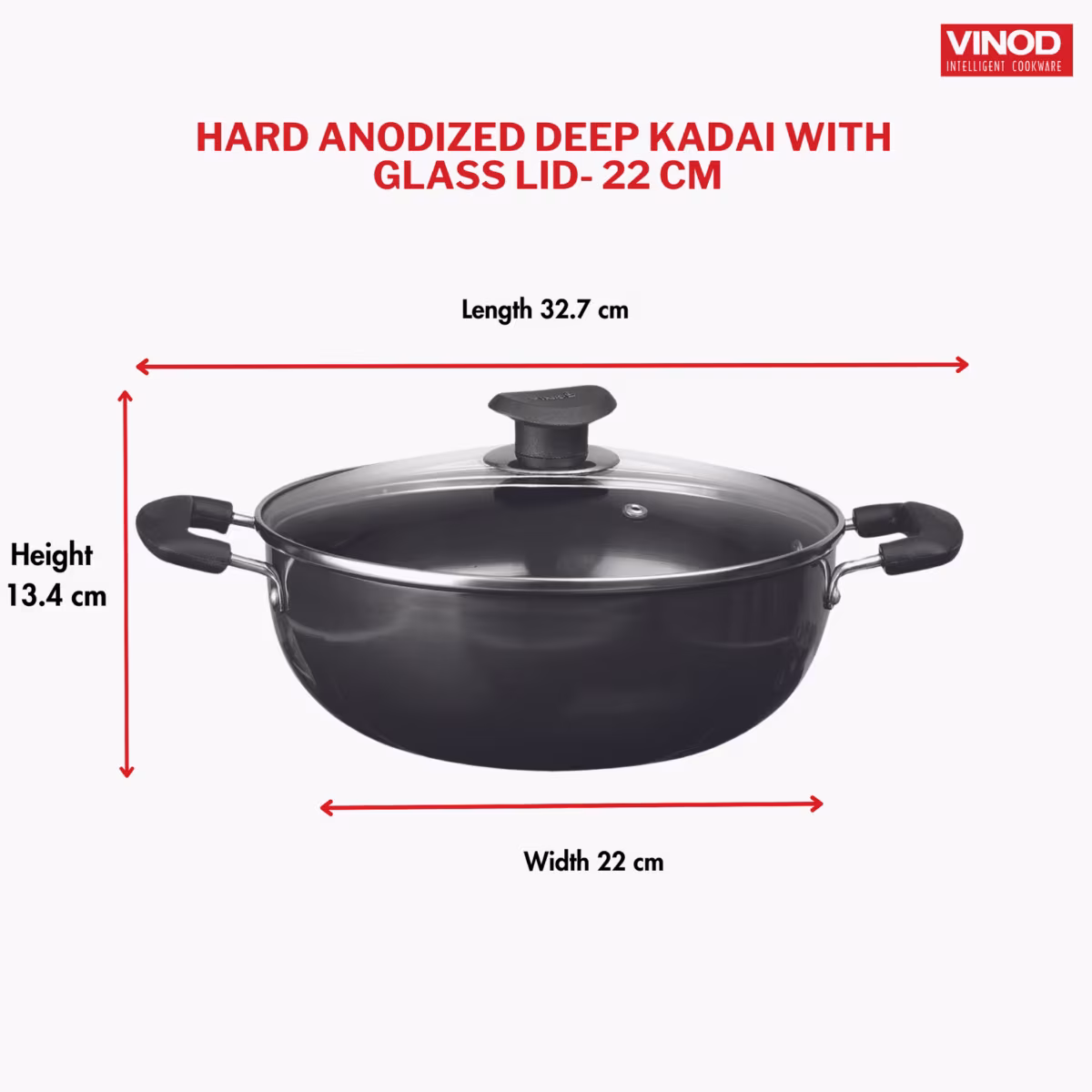 VINOD Aluminium Hard Anodized Deep Kadai with Glass Lid - 22cm, 2.6L in Black