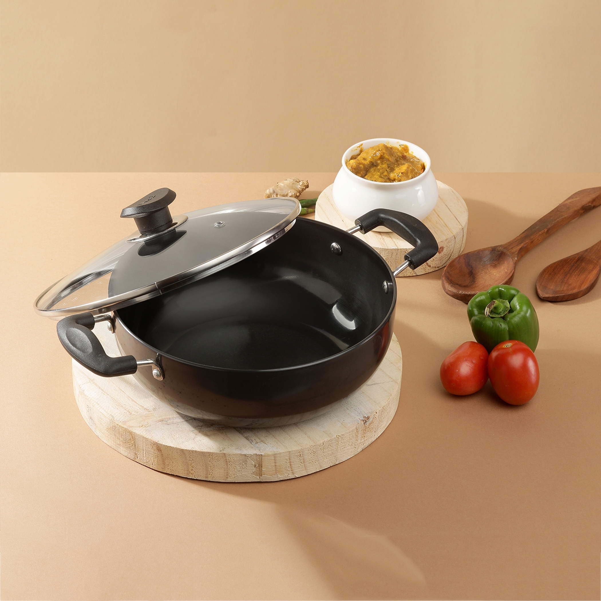 VINOD Aluminium Hard Anodized Deep Kadai with Glass Lid - 24cm, 3.1L in Black