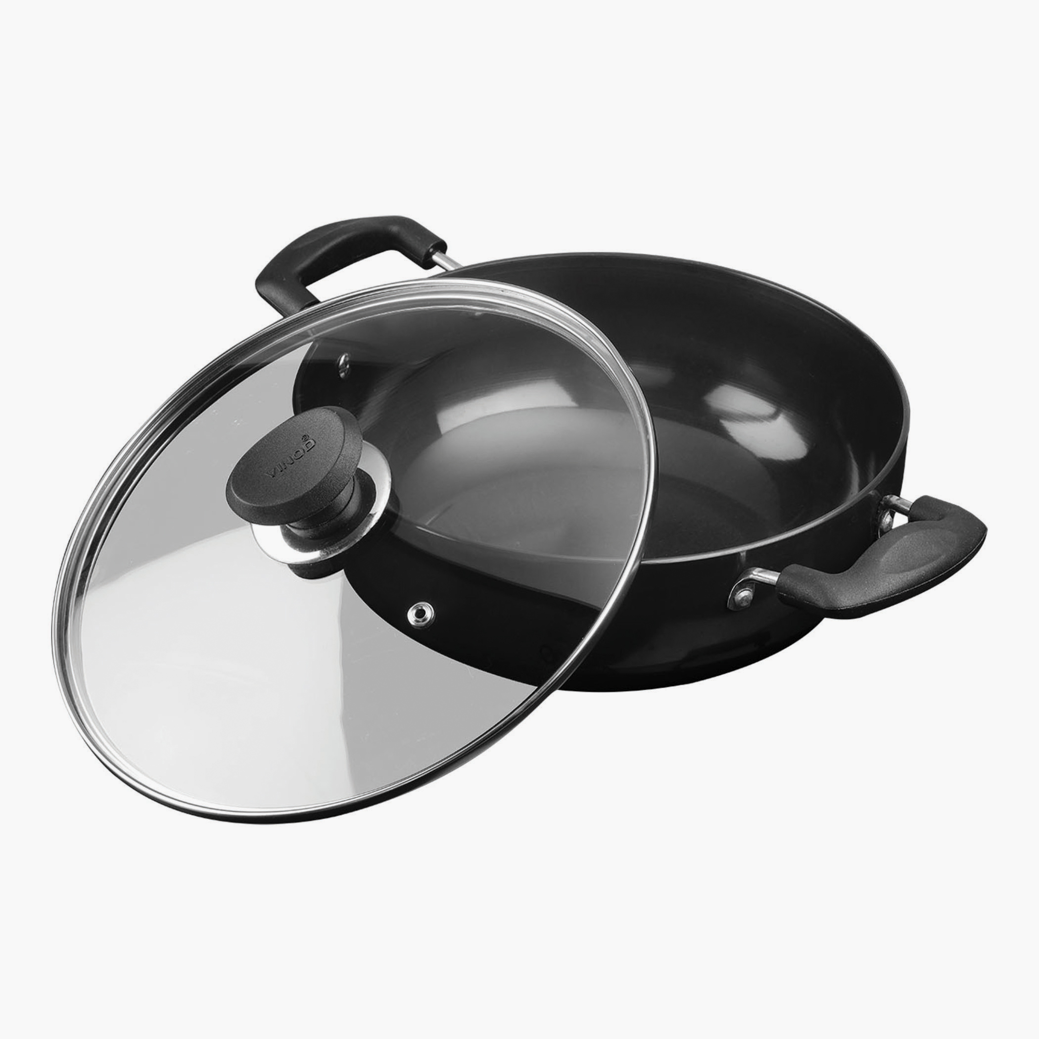 VINOD Aluminium Hard Anodized Deep Kadai with Glass Lid - 24cm, 3.1L in Black
