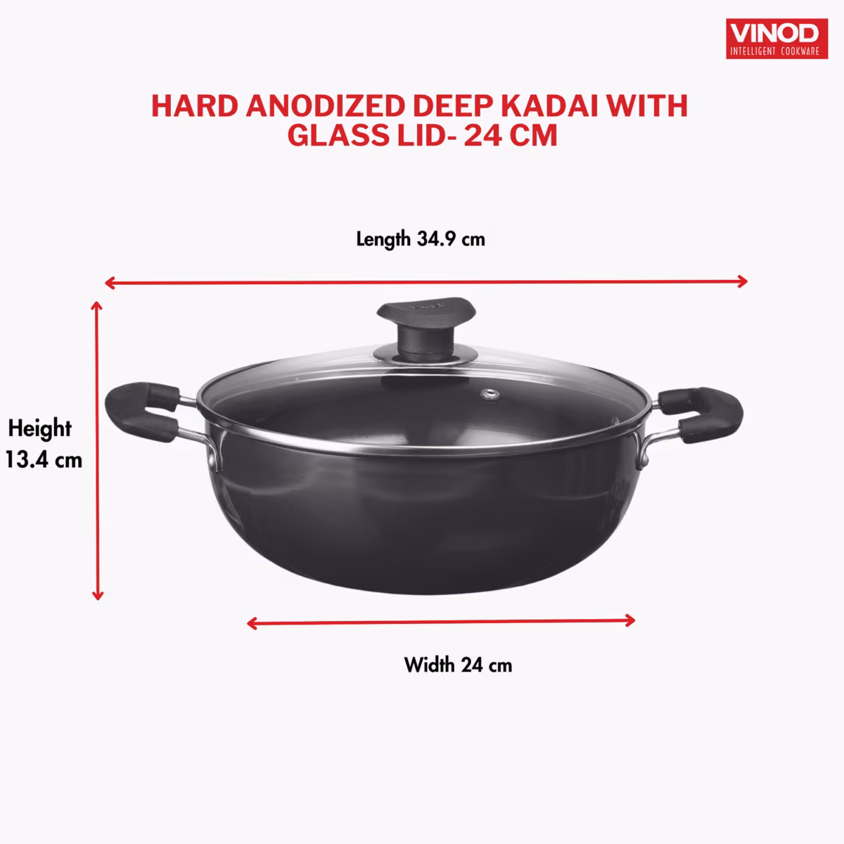 VINOD Aluminium Hard Anodized Deep Kadai with Glass Lid - 24cm, 3.1L in Black