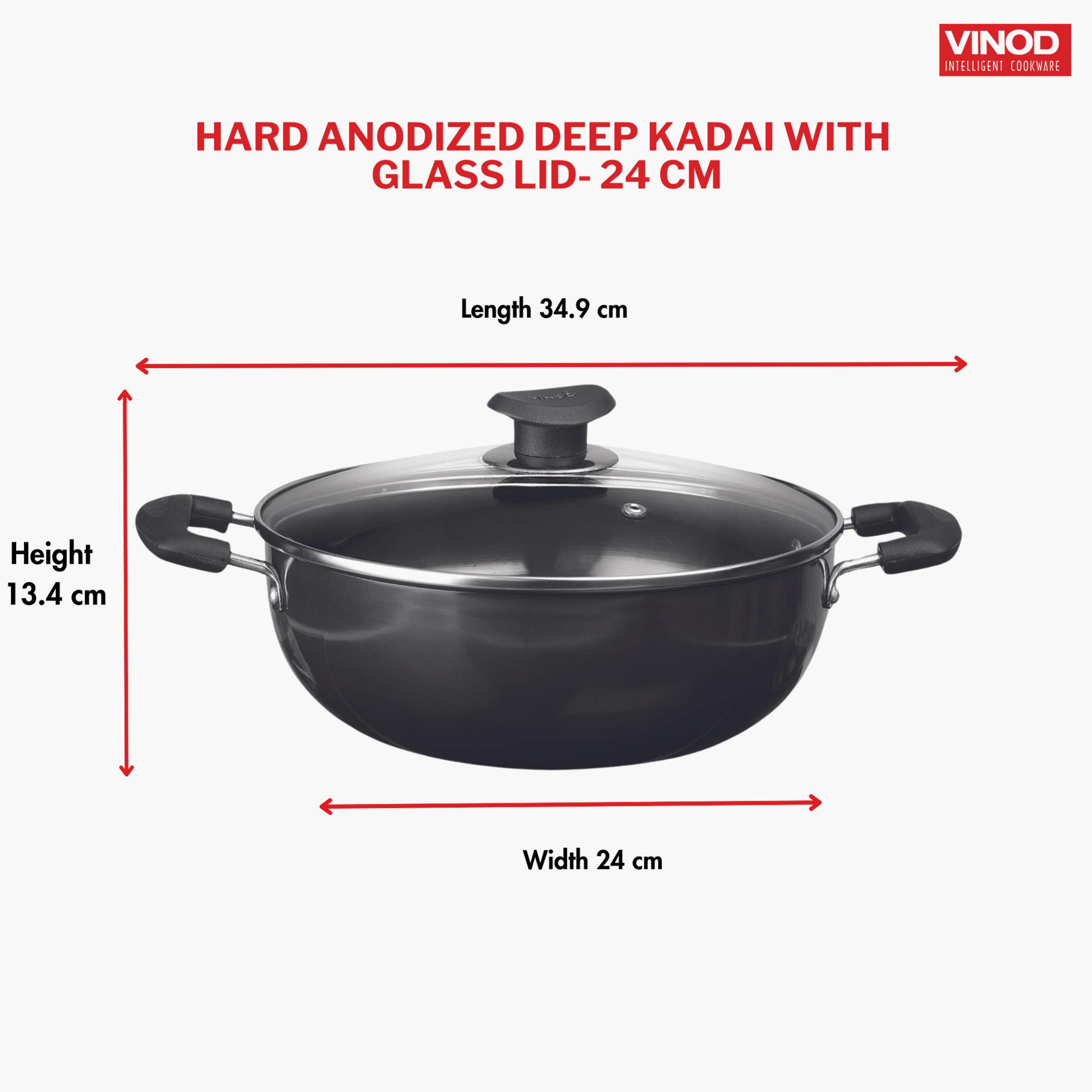 VINOD Aluminium Hard Anodized Deep Kadai with Glass Lid - 24cm, 3.1L in Black