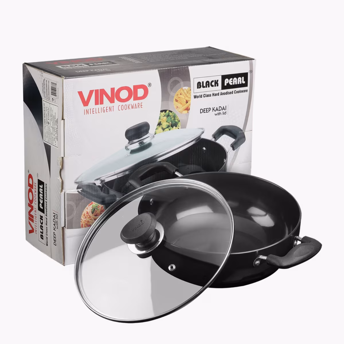 VINOD Aluminium Hard Anodized Deep Kadai with Glass Lid - 26cm, 4.1L in Black