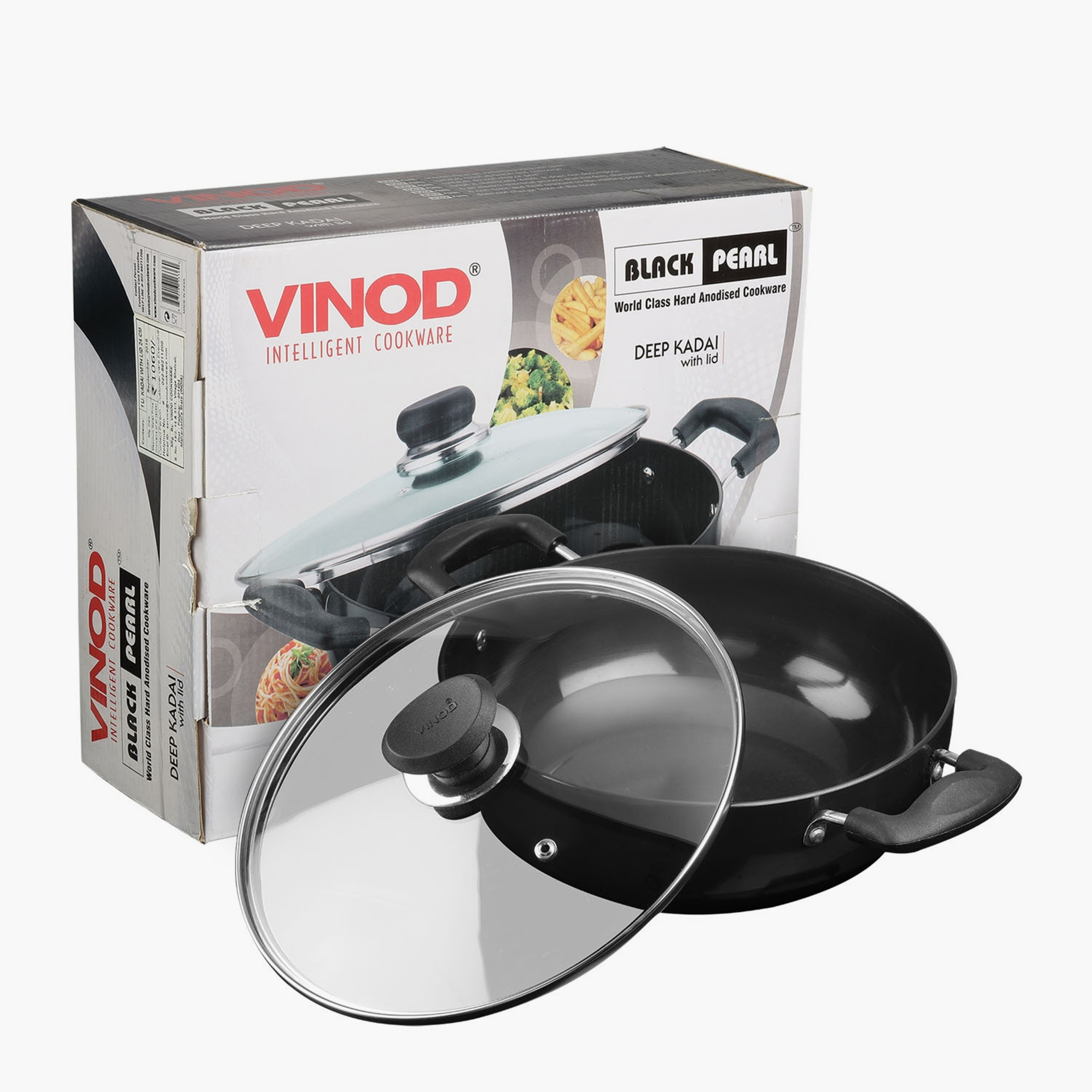 VINOD Aluminium Hard Anodized Deep Kadai with Glass Lid - 26cm, 4.1L in Black