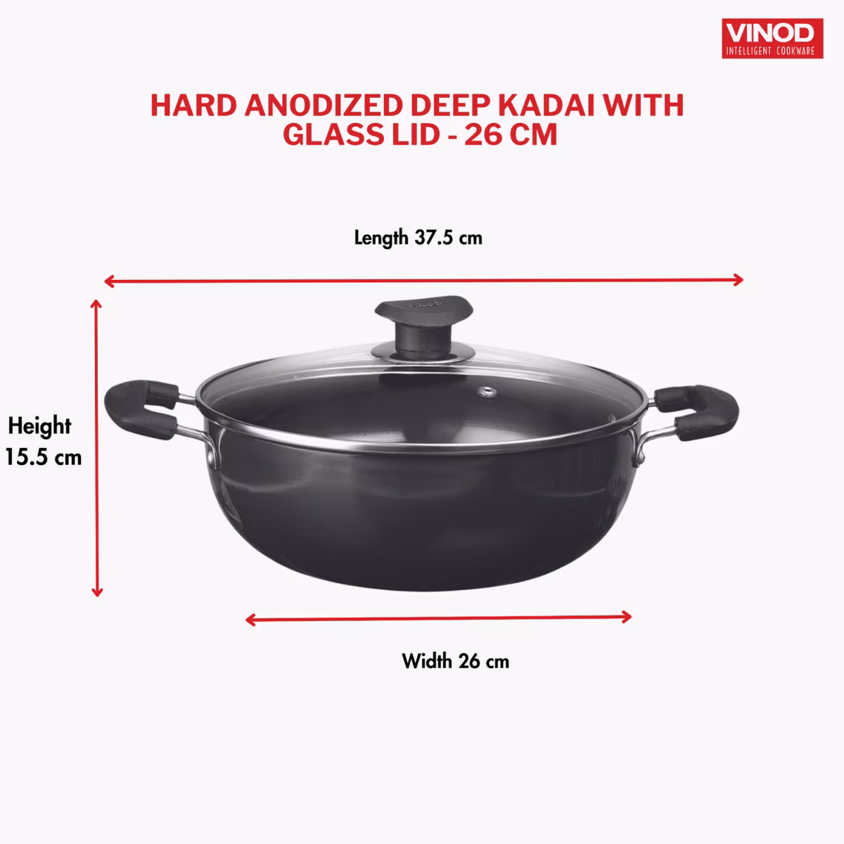 VINOD Aluminium Hard Anodized Deep Kadai with Glass Lid - 26cm, 4.1L in Black