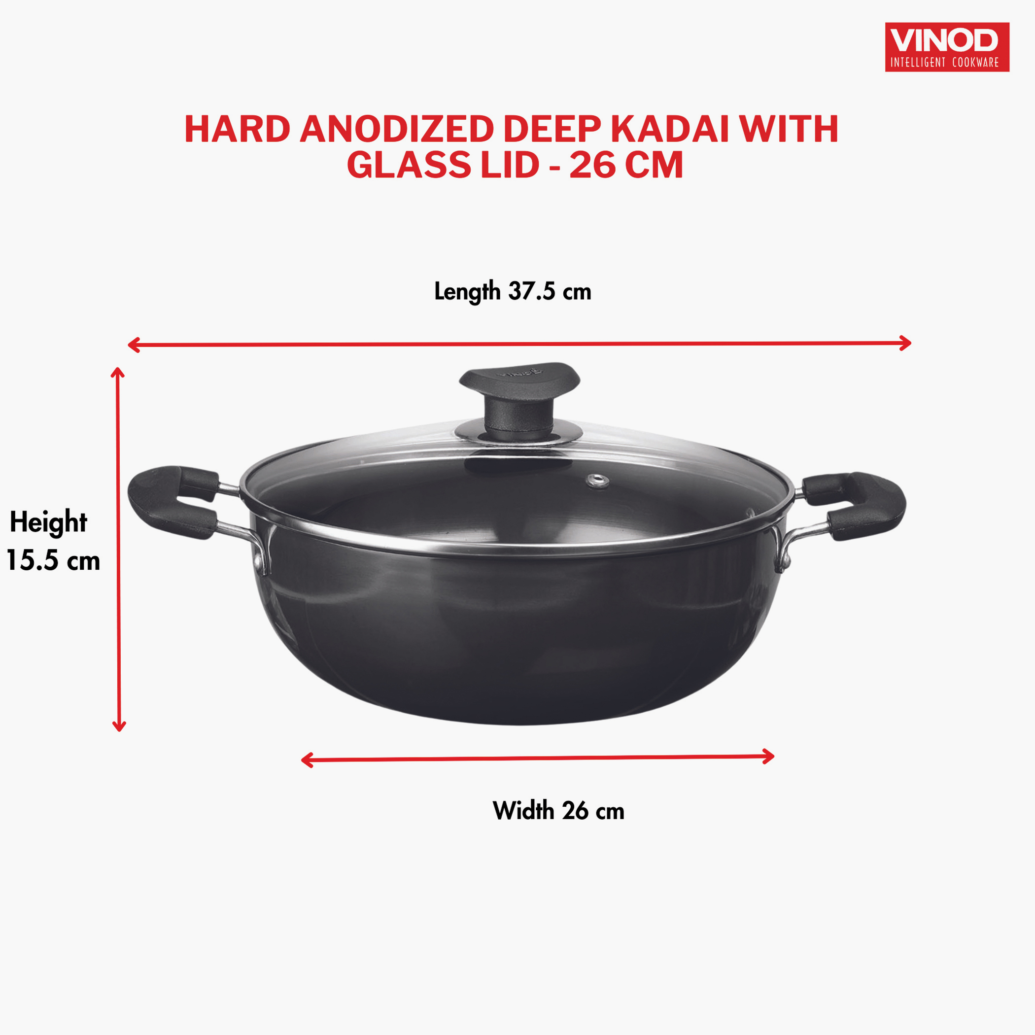 VINOD Aluminium Hard Anodized Deep Kadai with Glass Lid - 26cm, 4.1L in Black