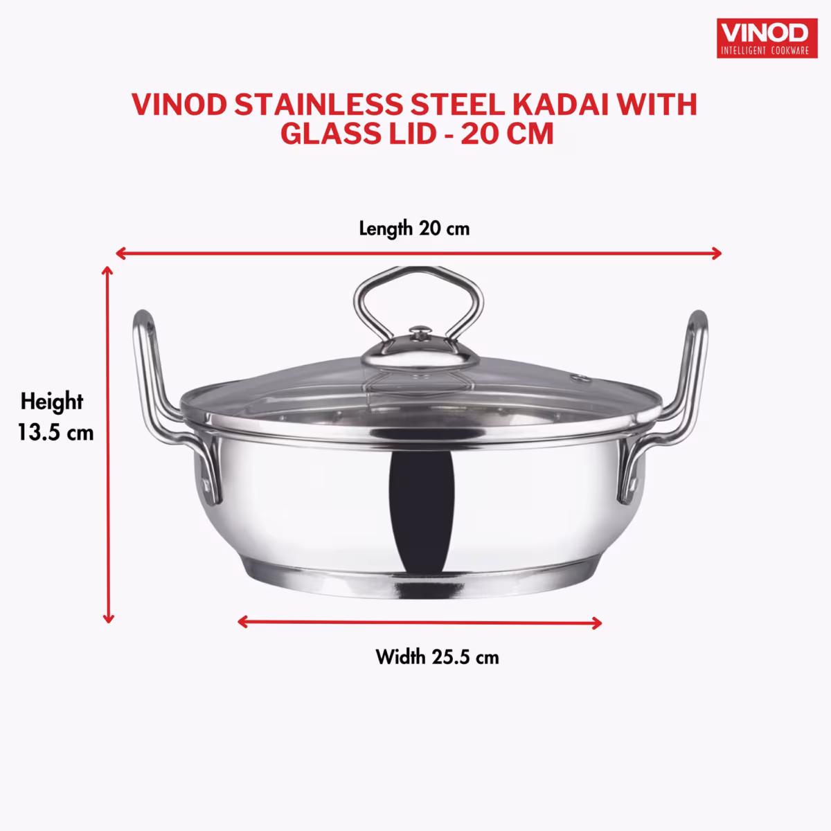 VINOD Stainless Steel Kadai with Glass Lid - 20cm, 1.7L in Silver