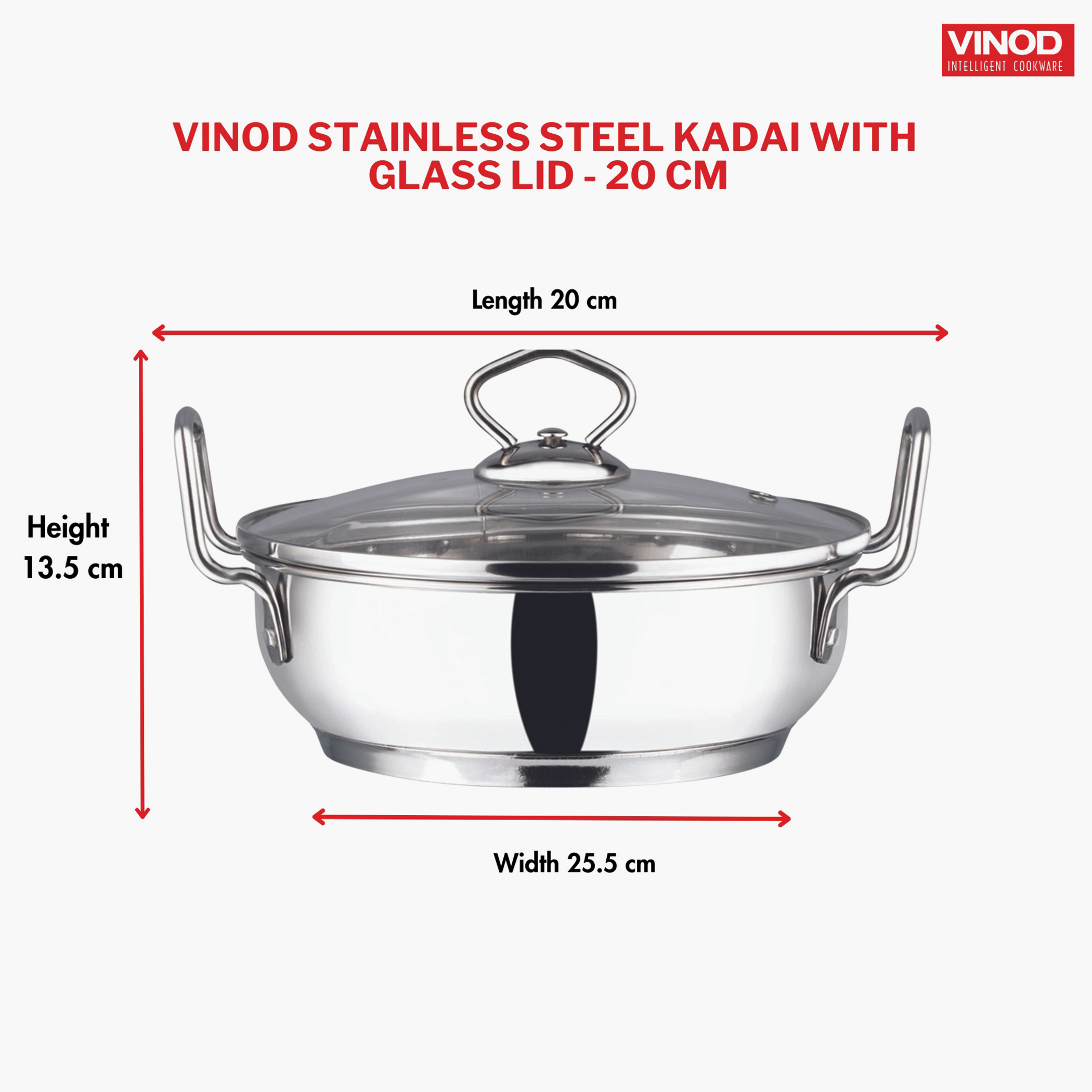 VINOD Stainless Steel Kadai with Glass Lid - 20cm, 1.7L in Silver
