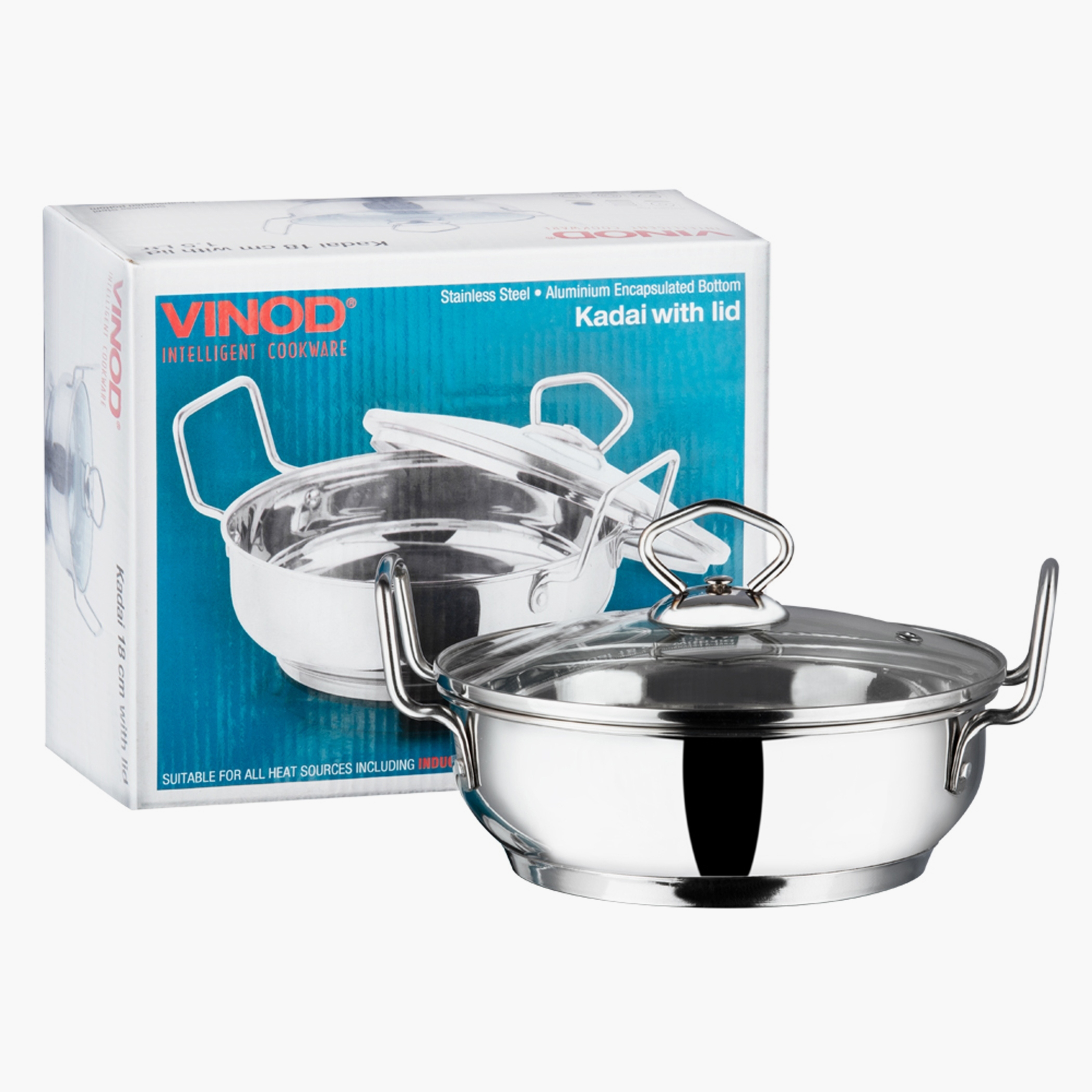 VINOD Stainless Steel Kadai with Glass Lid - 24cm, 2.7L in Silver