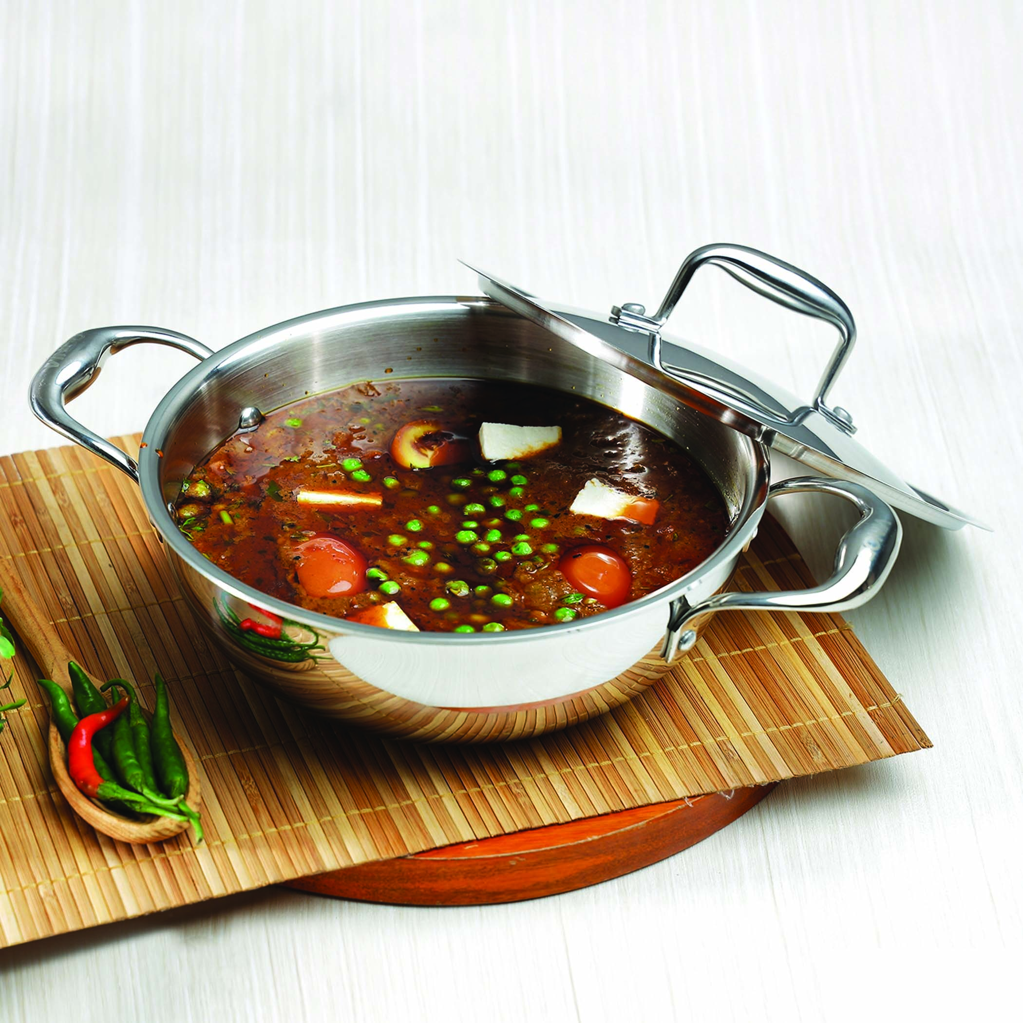 VINOD Platinum Triply Stainless Steel Deep Kadai with Glass Lid - 24cm, 3.2L in Silver