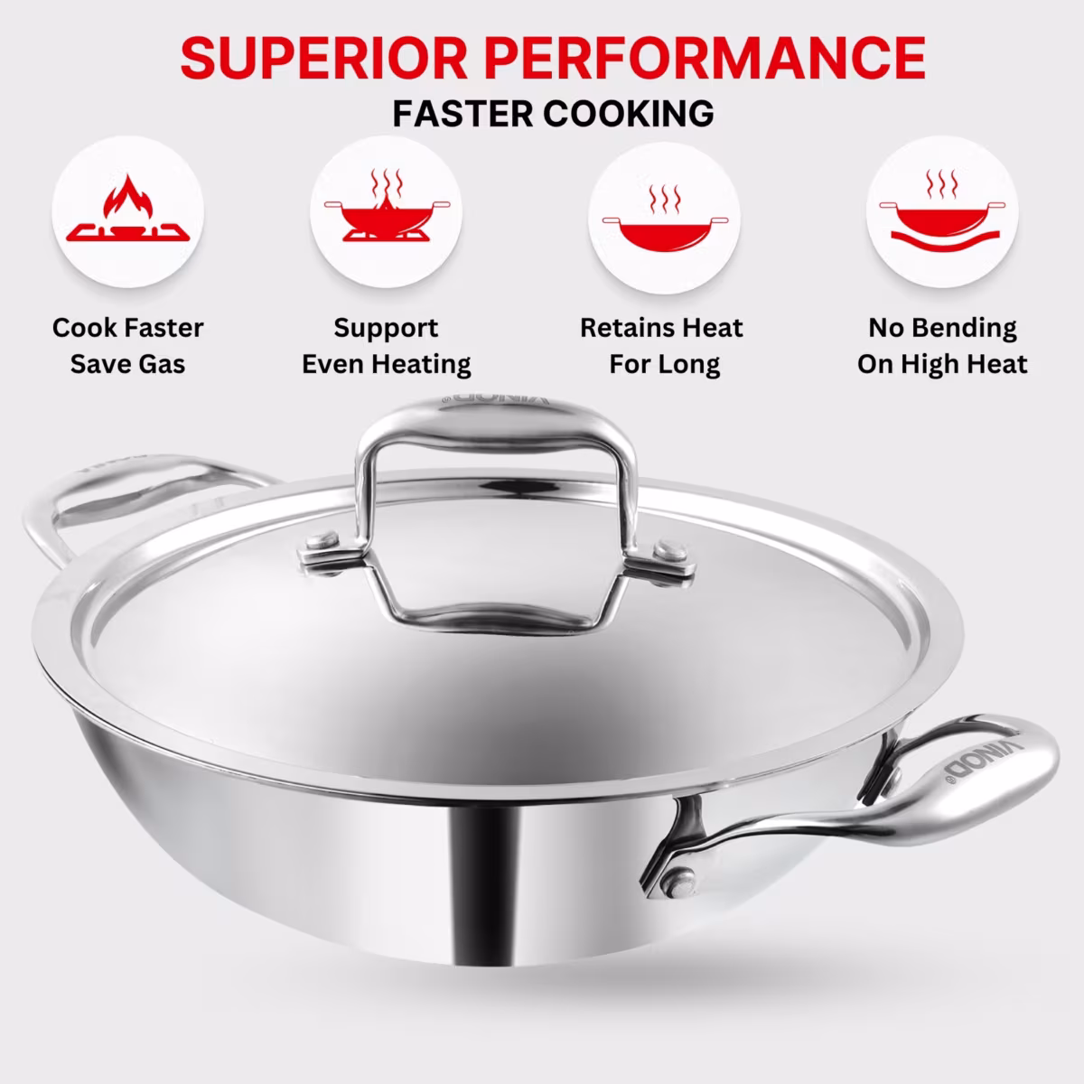 VINOD Platinum Triply Stainless Steel Deep Kadai with Glass Lid - 24cm, 3.2L in Silver