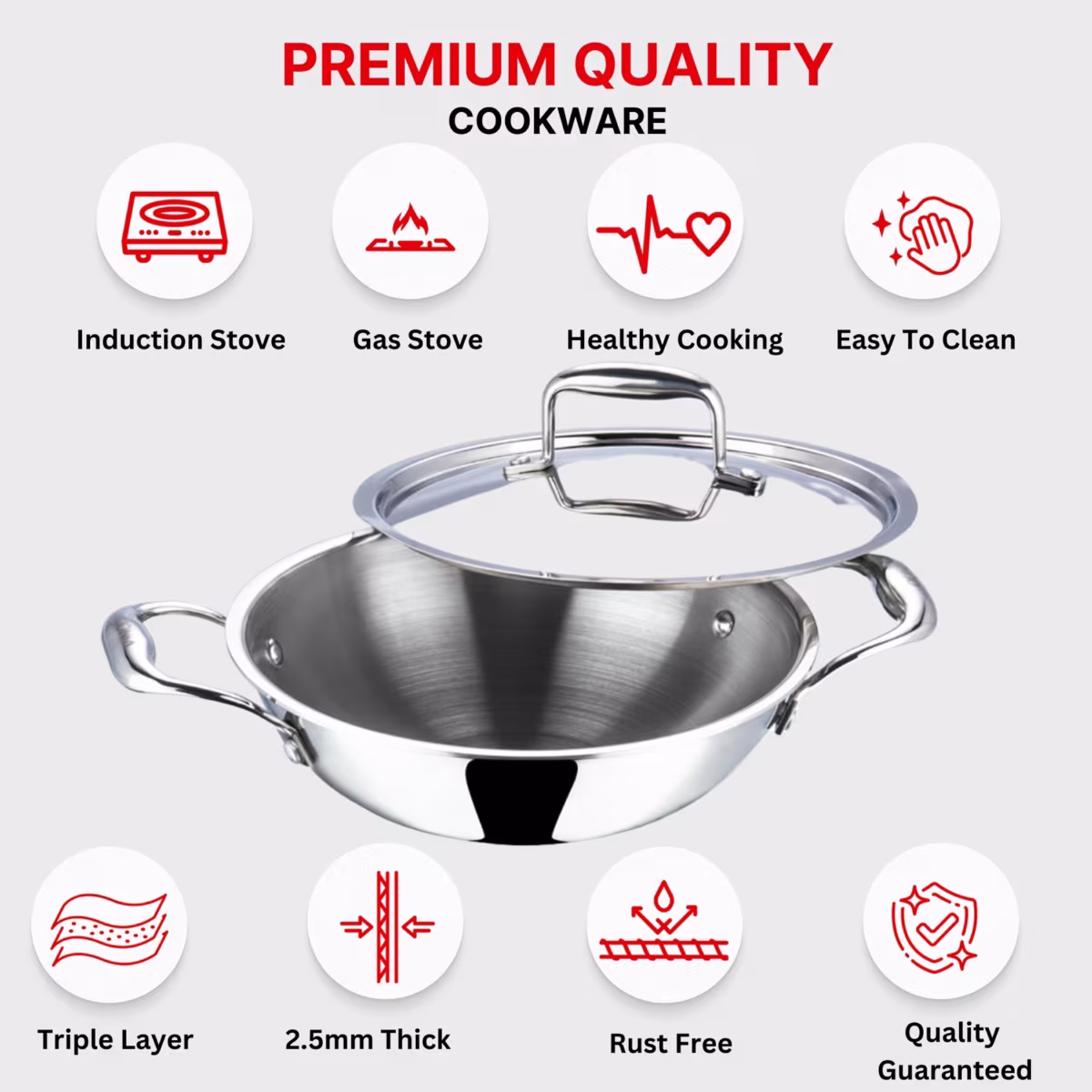 VINOD Platinum Triply Stainless Steel Deep Kadai with Glass Lid - 24cm, 3.2L in Silver