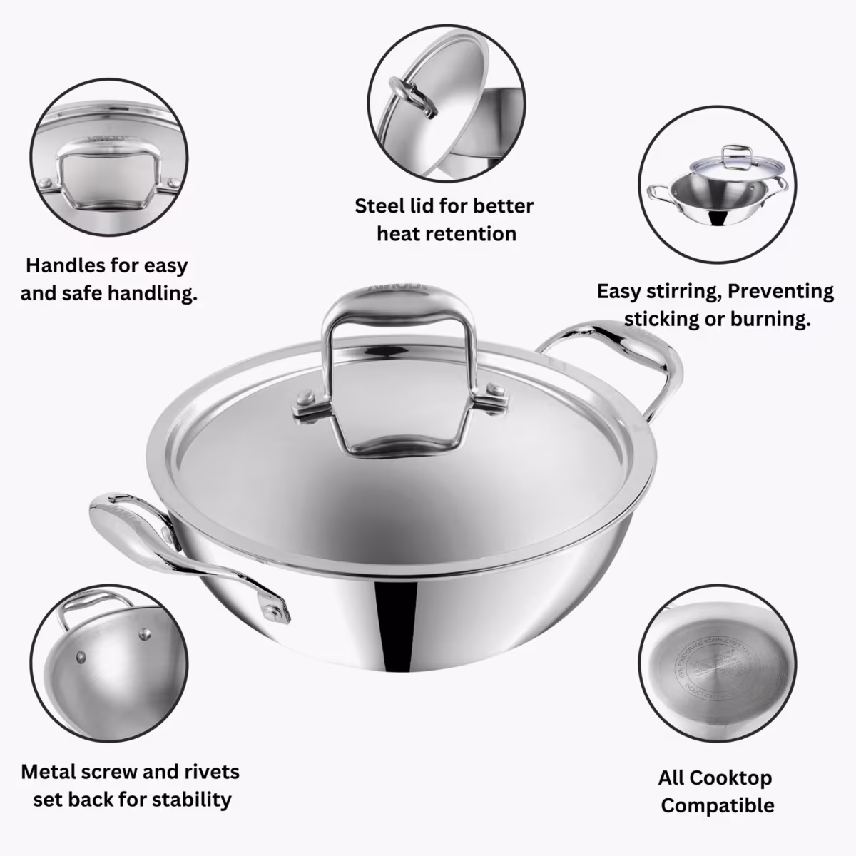 VINOD Platinum Triply Stainless Steel Deep Kadai with Glass Lid - 24cm, 3.2L in Silver