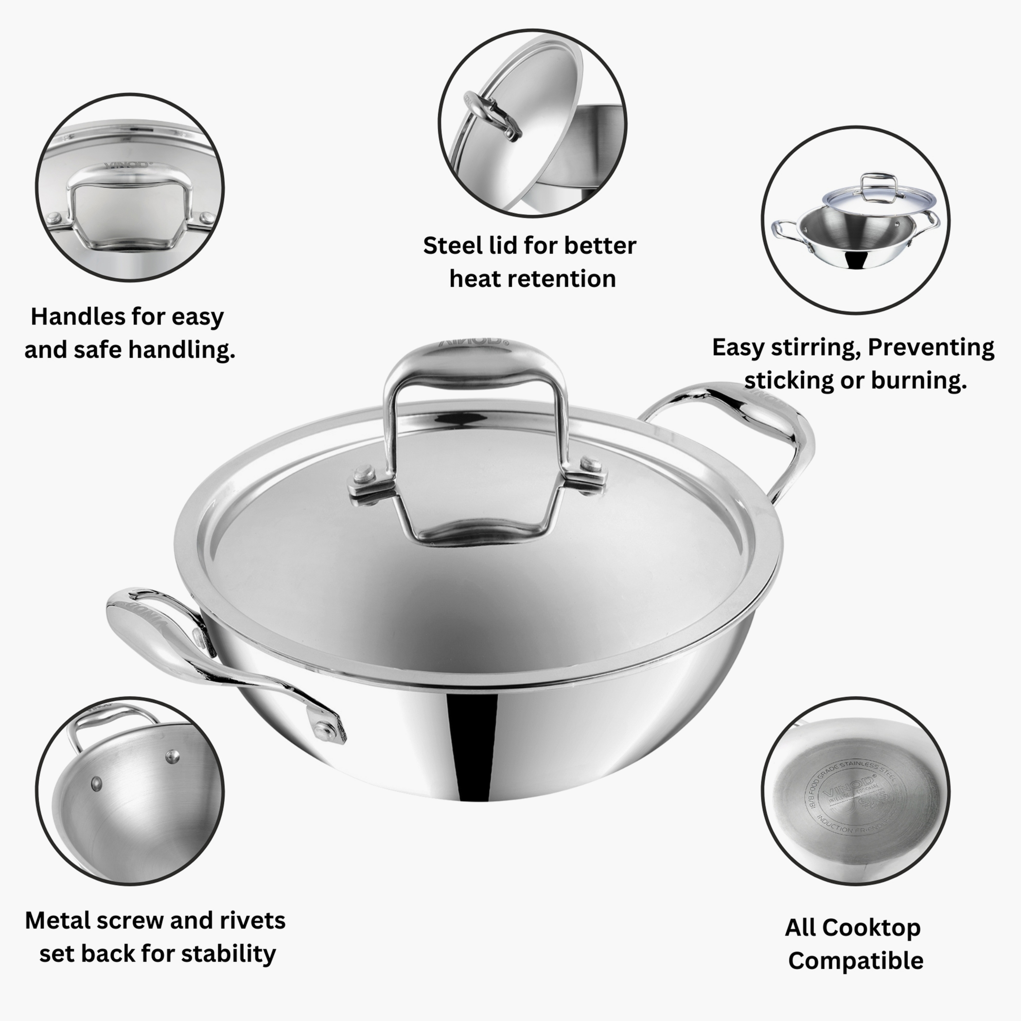 VINOD Platinum Triply Stainless Steel Deep Kadai with Glass Lid - 24cm, 3.2L in Silver